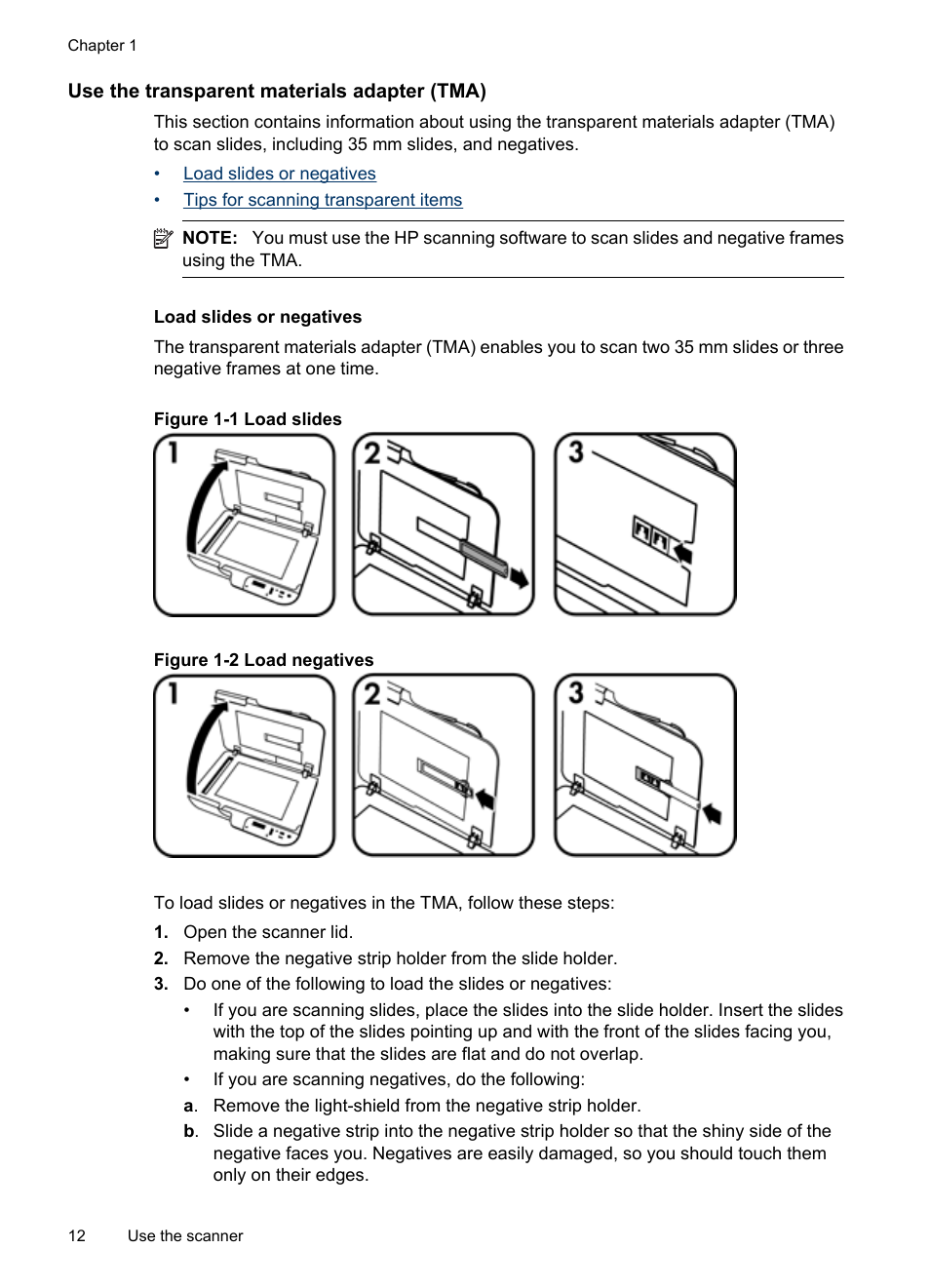 Use the transparent materials adapter (tma), Load slides or negatives | HP Scanjet N6310 Document Flatbed Scanner User Manual | Page 14 / 48