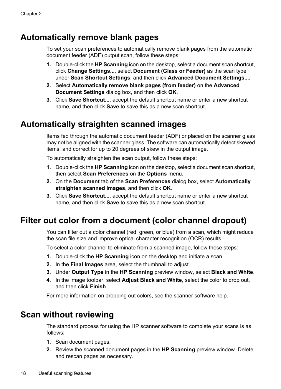 Automatically straighten scanned images, Scan without reviewing, Automatically remove blank pages | HP Scanjet N6310 Document Flatbed Scanner User Manual | Page 20 / 48