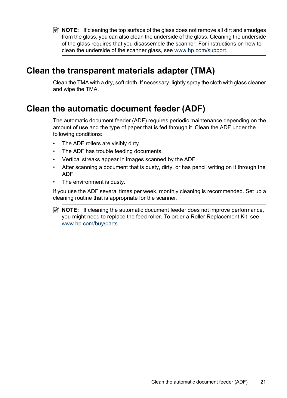 Clean the transparent materials adapter (tma), Clean the automatic document feeder (adf) | HP Scanjet N6310 Document Flatbed Scanner User Manual | Page 23 / 48