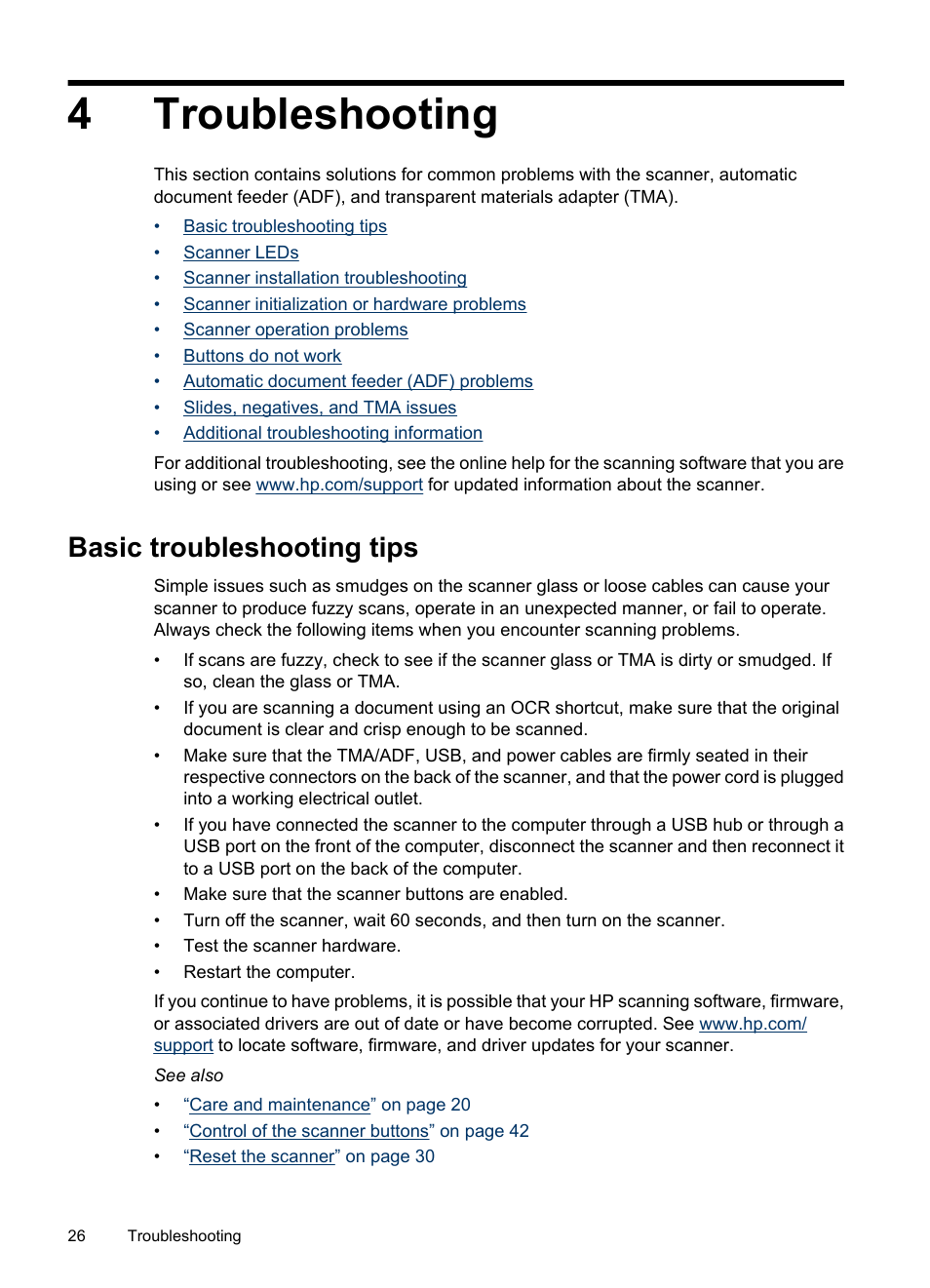 Troubleshooting, Basic troubleshooting tips, 4 troubleshooting | 4troubleshooting | HP Scanjet N6310 Document Flatbed Scanner User Manual | Page 28 / 48