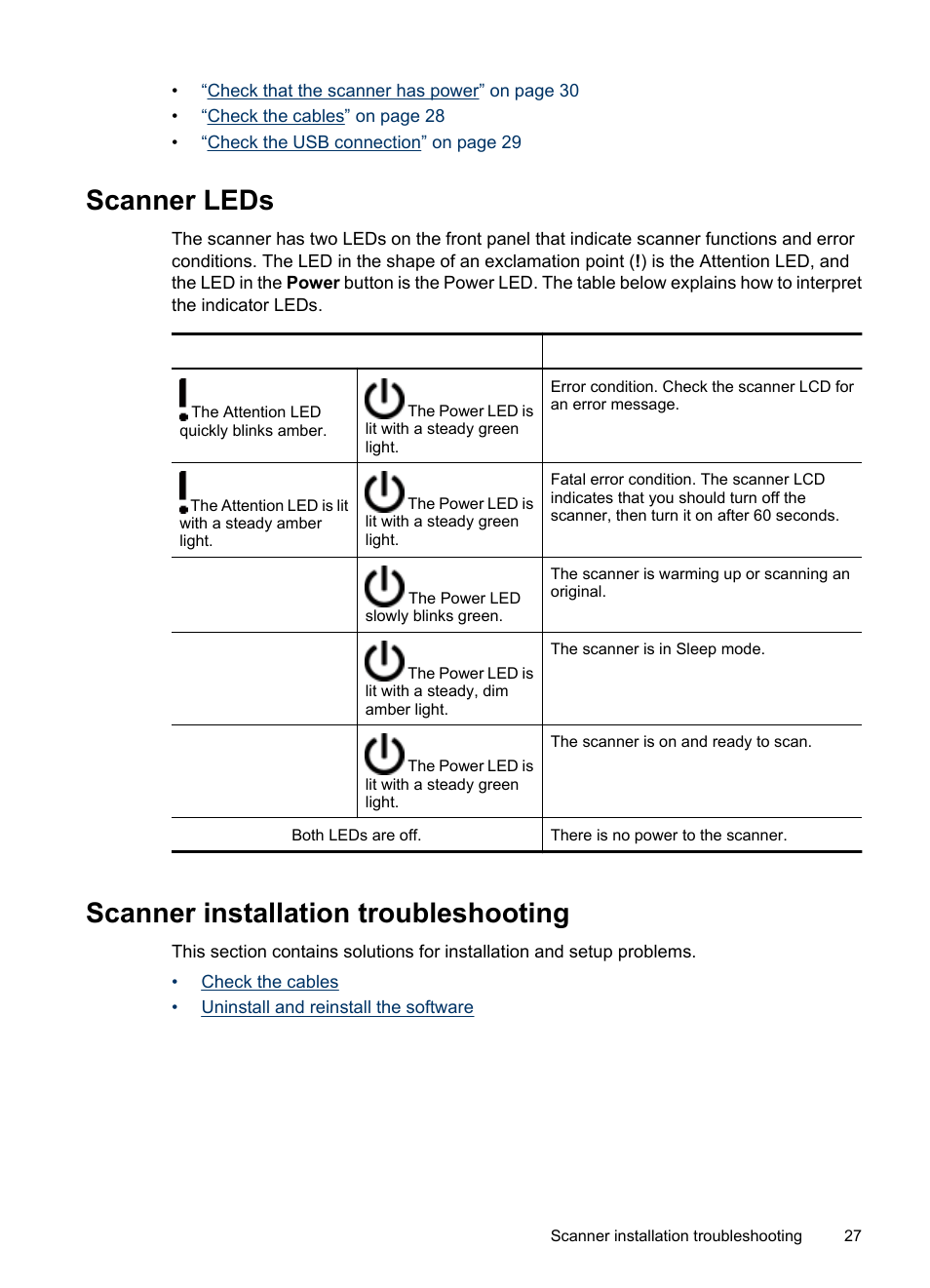 Scanner leds, Scanner installation troubleshooting | HP Scanjet N6310 Document Flatbed Scanner User Manual | Page 29 / 48