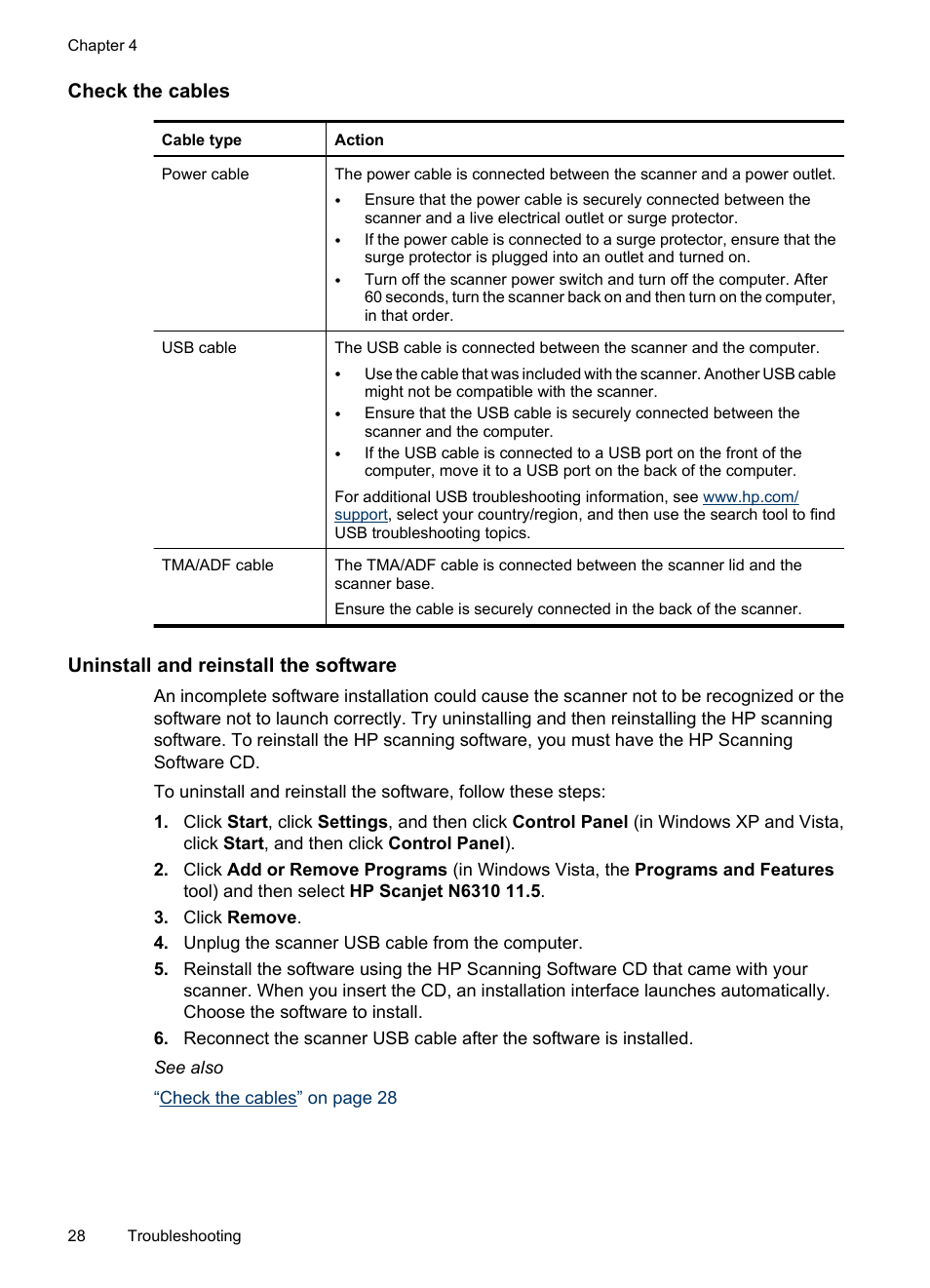 Check the cables, Uninstall and reinstall the software | HP Scanjet N6310 Document Flatbed Scanner User Manual | Page 30 / 48