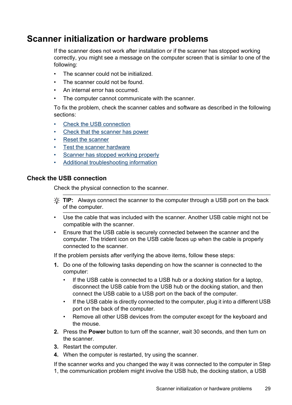 Scanner initialization or hardware problems, Check the usb connection | HP Scanjet N6310 Document Flatbed Scanner User Manual | Page 31 / 48