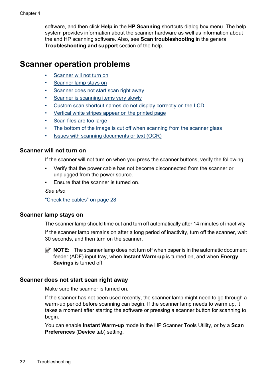 Scanner operation problems, Scanner will not turn on, Scanner lamp stays on | Scanner does not start scan right away | HP Scanjet N6310 Document Flatbed Scanner User Manual | Page 34 / 48