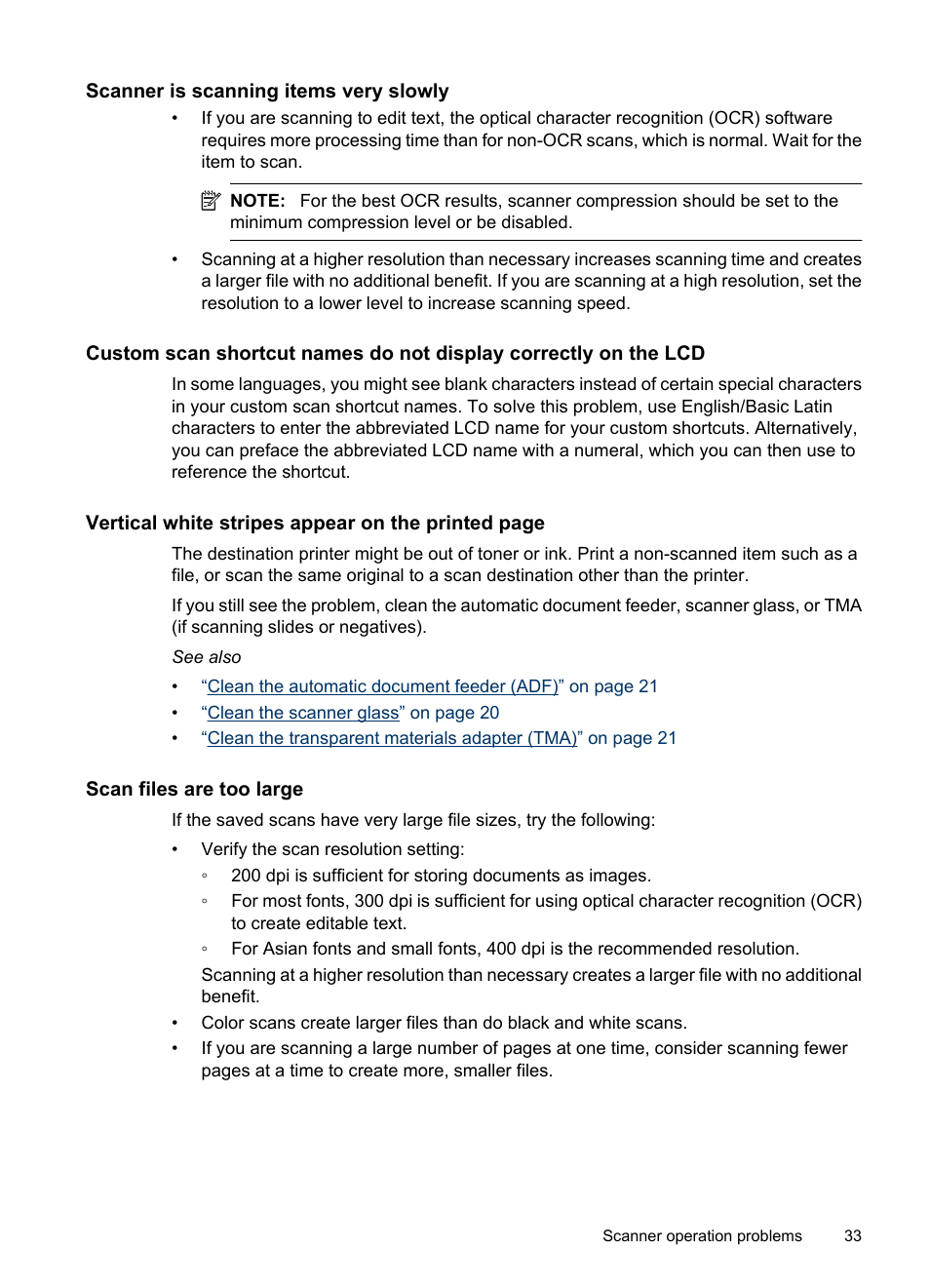 Scanner is scanning items very slowly, Scan files are too large | HP Scanjet N6310 Document Flatbed Scanner User Manual | Page 35 / 48