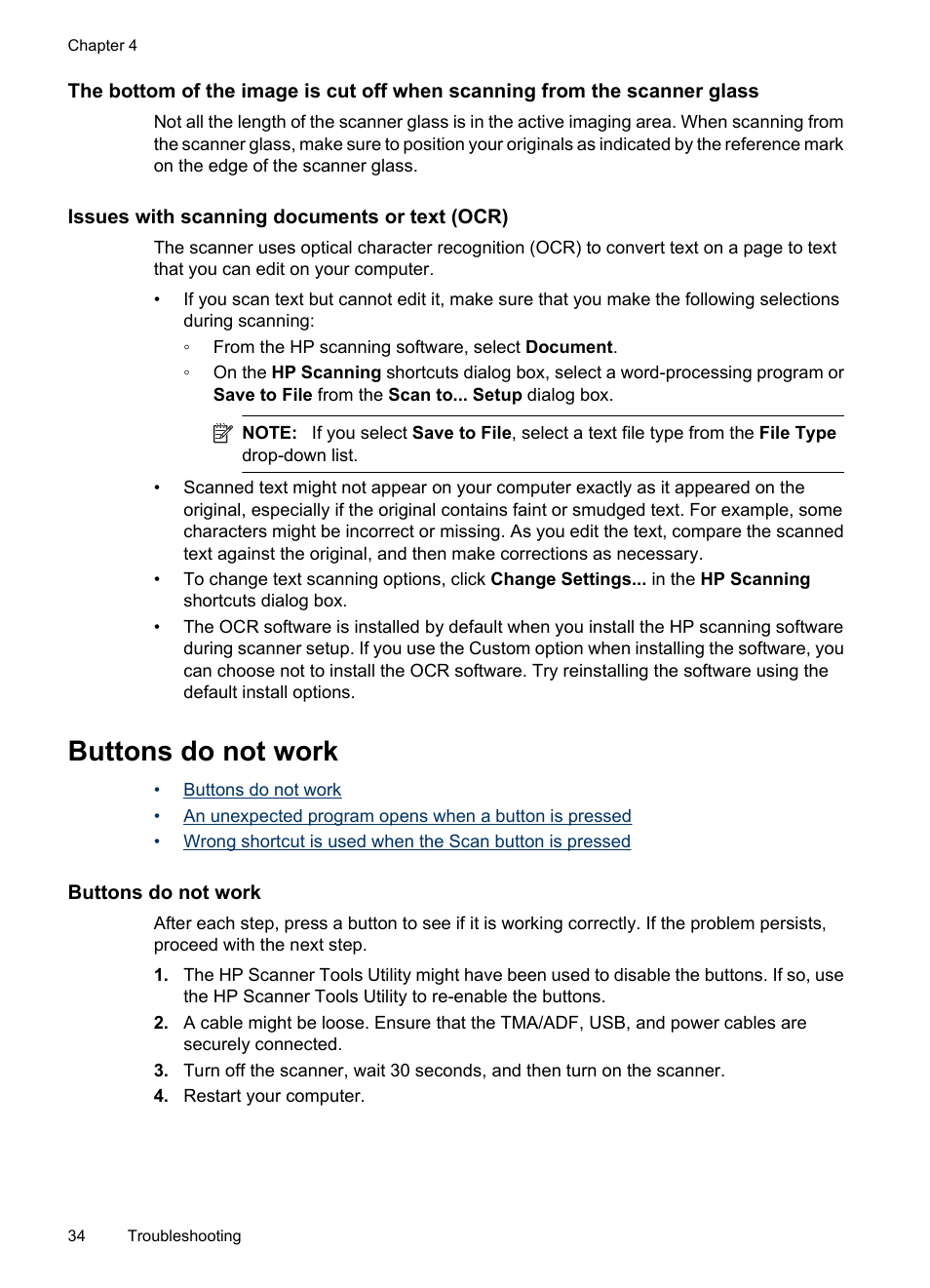 Issues with scanning documents or text (ocr), Buttons do not work | HP Scanjet N6310 Document Flatbed Scanner User Manual | Page 36 / 48