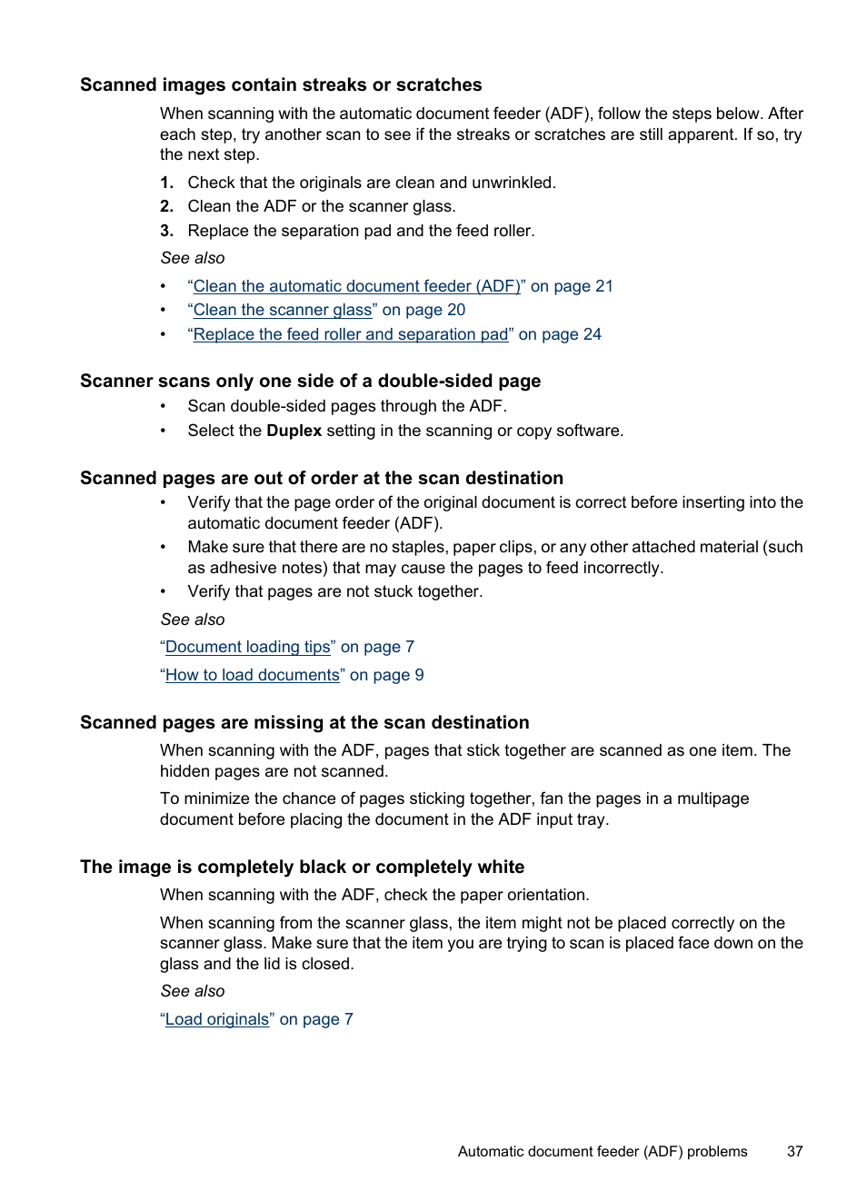 Scanned images contain streaks or scratches, The image is completely black or completely white | HP Scanjet N6310 Document Flatbed Scanner User Manual | Page 39 / 48