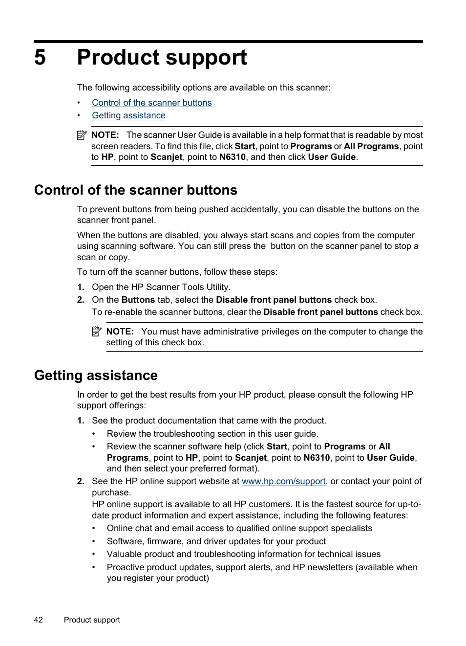 Product support, Control of the scanner buttons, Getting assistance | 5 product support, Control of the scanner buttons getting assistance, 5product support | HP Scanjet N6310 Document Flatbed Scanner User Manual | Page 44 / 48