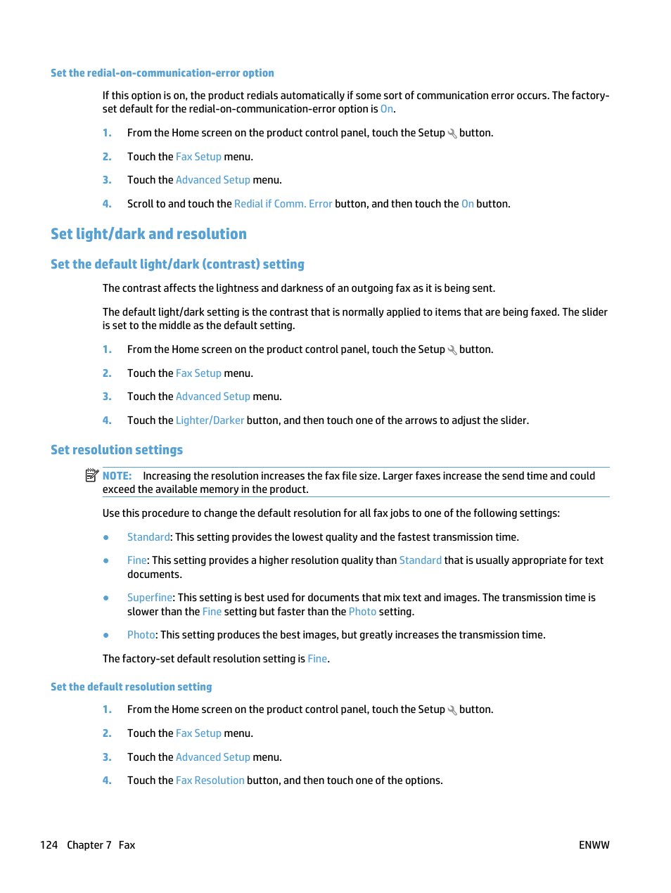 Set light/dark and resolution, Set the default light/dark (contrast) setting, Set resolution settings | HP LaserJet Pro 500 Color MFP M570 User Manual | Page 138 / 252