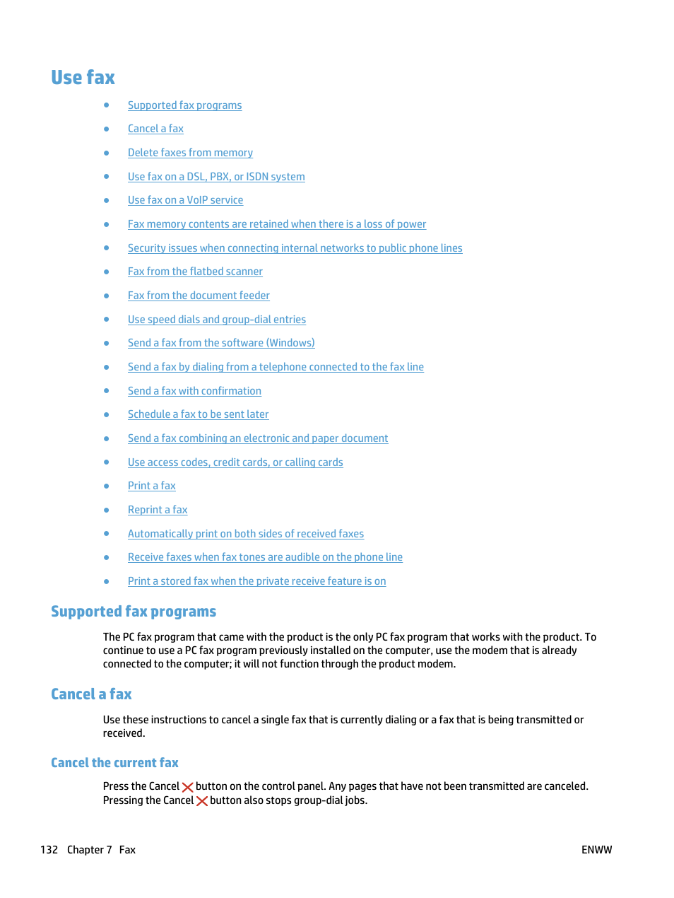 Use fax, Supported fax programs, Cancel a fax | Cancel the current fax, Supported fax programs cancel a fax | HP LaserJet Pro 500 Color MFP M570 User Manual | Page 146 / 252