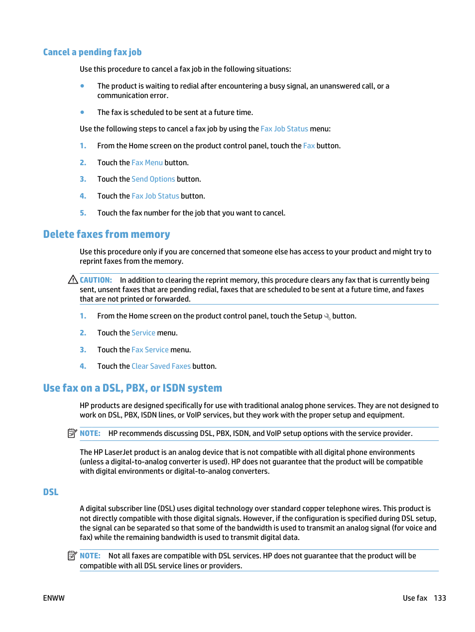 Cancel a pending fax job, Delete faxes from memory, Use fax on a dsl, pbx, or isdn system | HP LaserJet Pro 500 Color MFP M570 User Manual | Page 147 / 252
