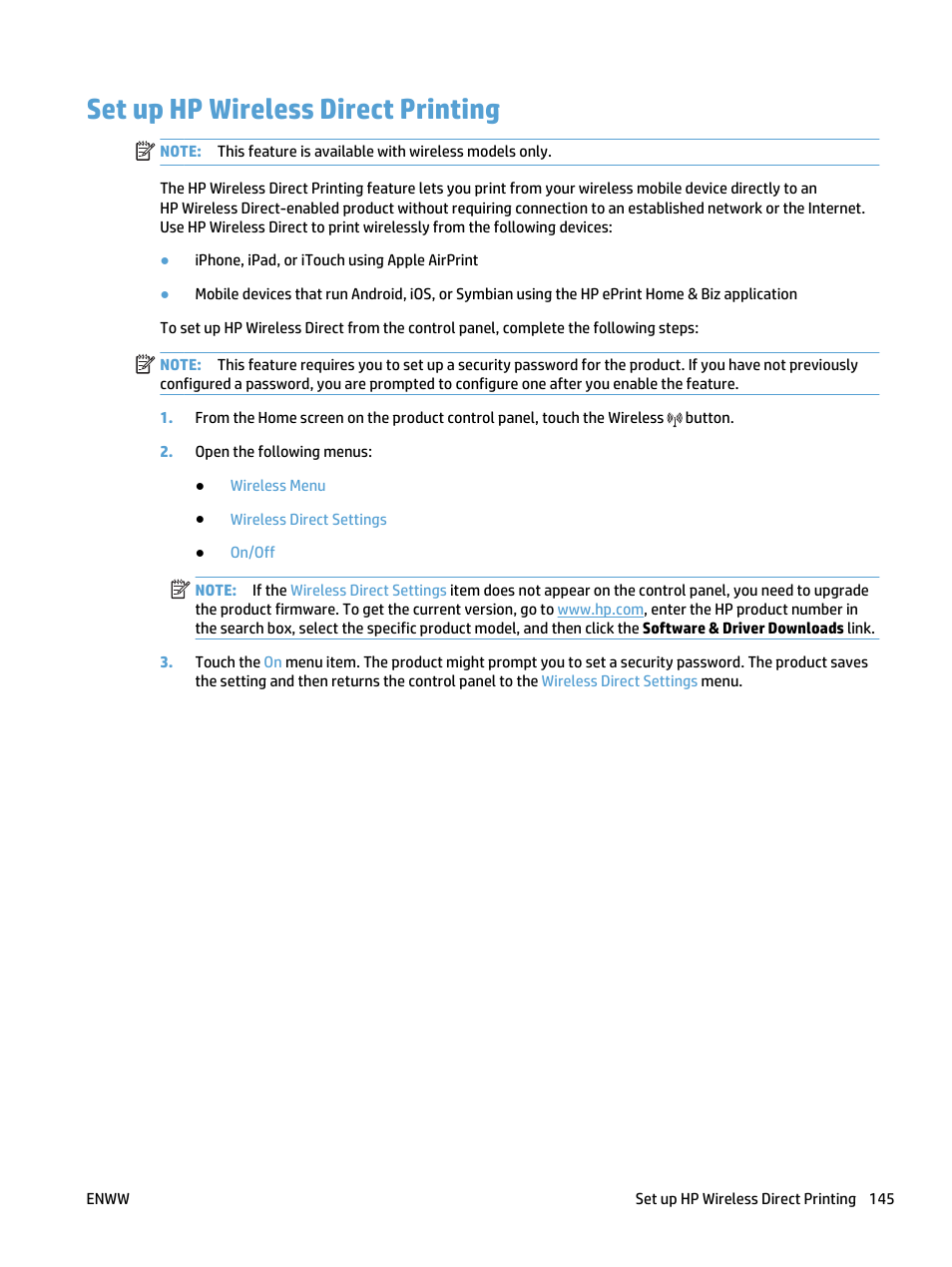 Set up hp wireless direct printing | HP LaserJet Pro 500 Color MFP M570 User Manual | Page 159 / 252