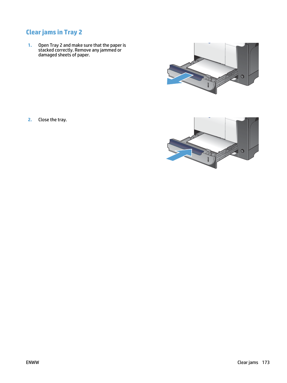 Clear jams in tray 2 | HP LaserJet Pro 500 Color MFP M570 User Manual | Page 187 / 252
