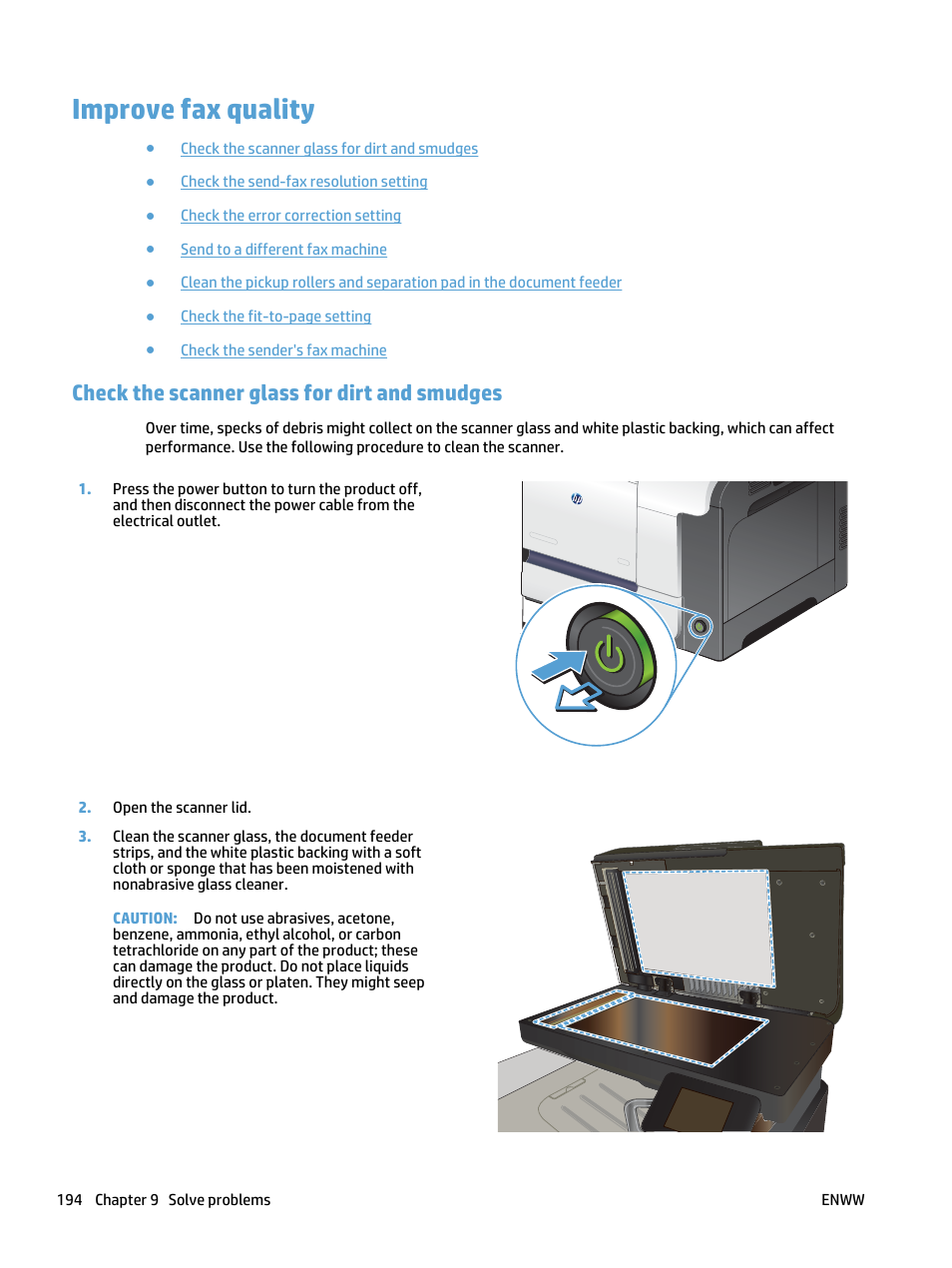 Improve fax quality, Check the scanner glass for dirt and smudges | HP LaserJet Pro 500 Color MFP M570 User Manual | Page 208 / 252