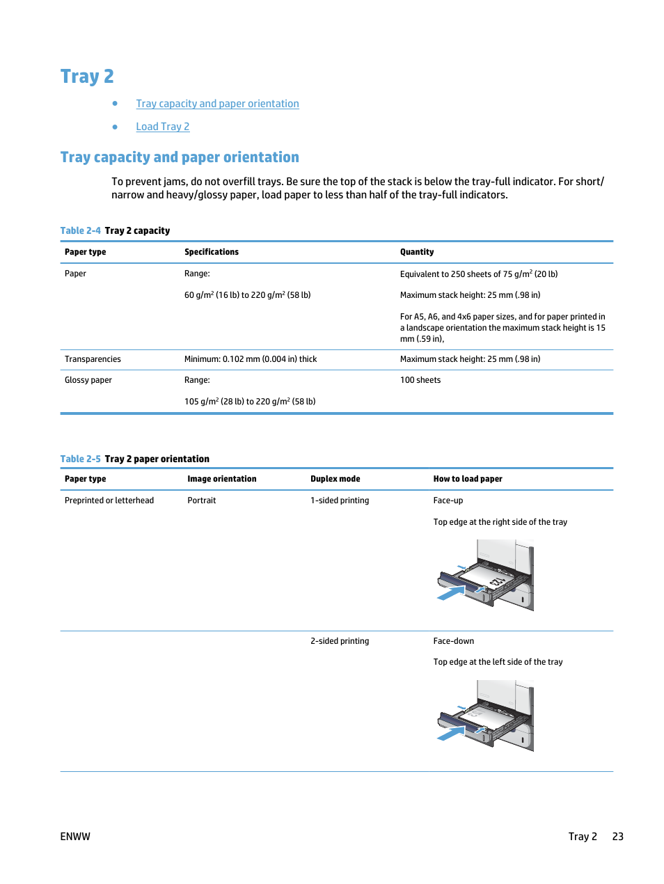 Tray 2, Tray capacity and paper orientation | HP LaserJet Pro 500 Color MFP M570 User Manual | Page 37 / 252