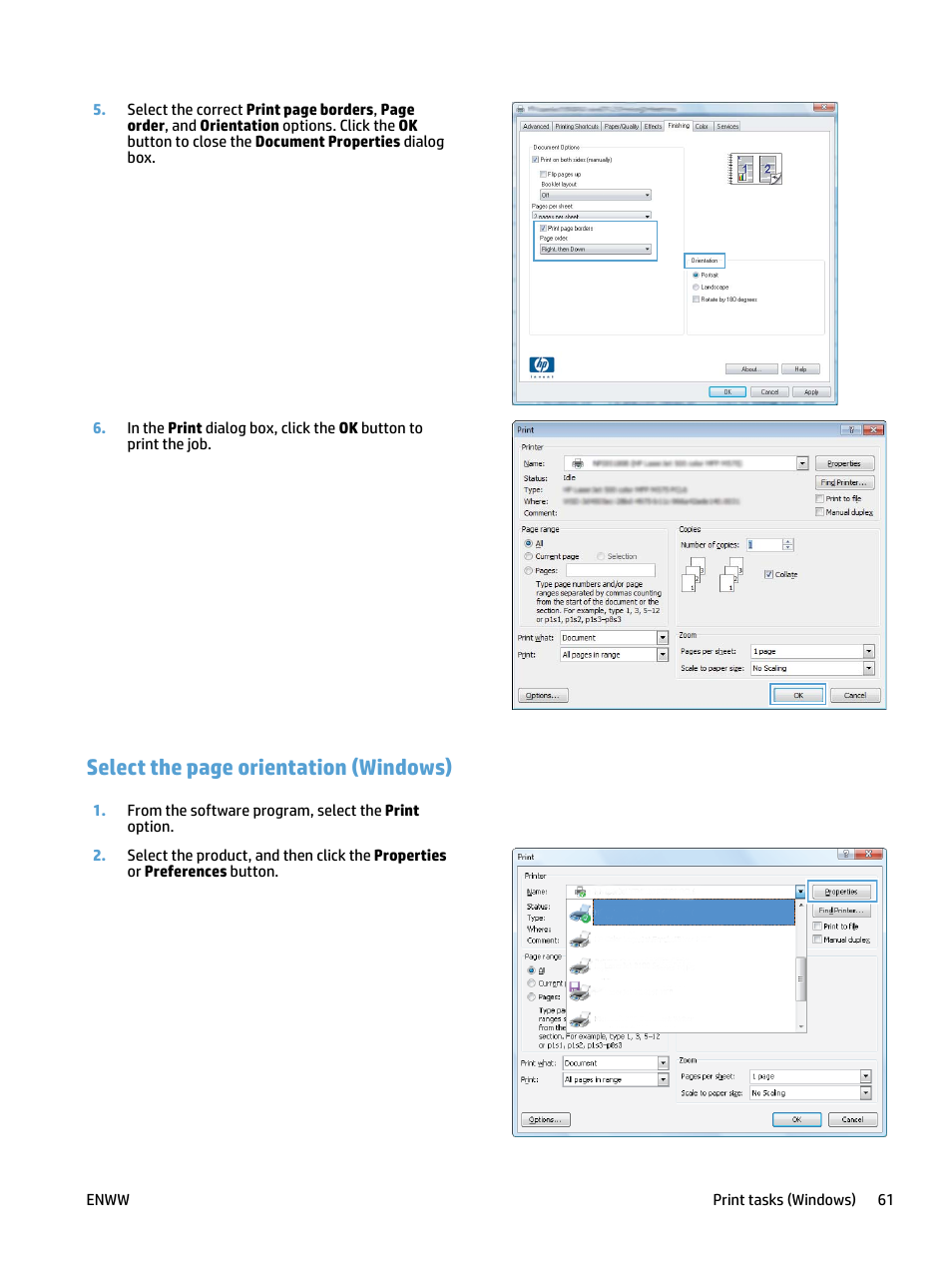 Select the page orientation (windows) | HP LaserJet Pro 500 Color MFP M570 User Manual | Page 75 / 252