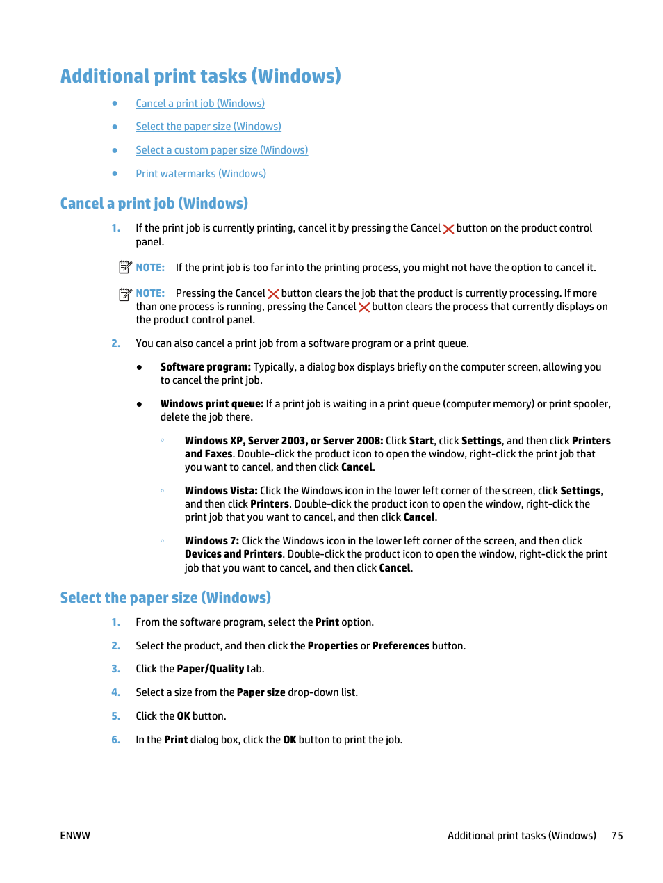 Additional print tasks (windows), Cancel a print job (windows), Select the paper size (windows) | HP LaserJet Pro 500 Color MFP M570 User Manual | Page 89 / 252