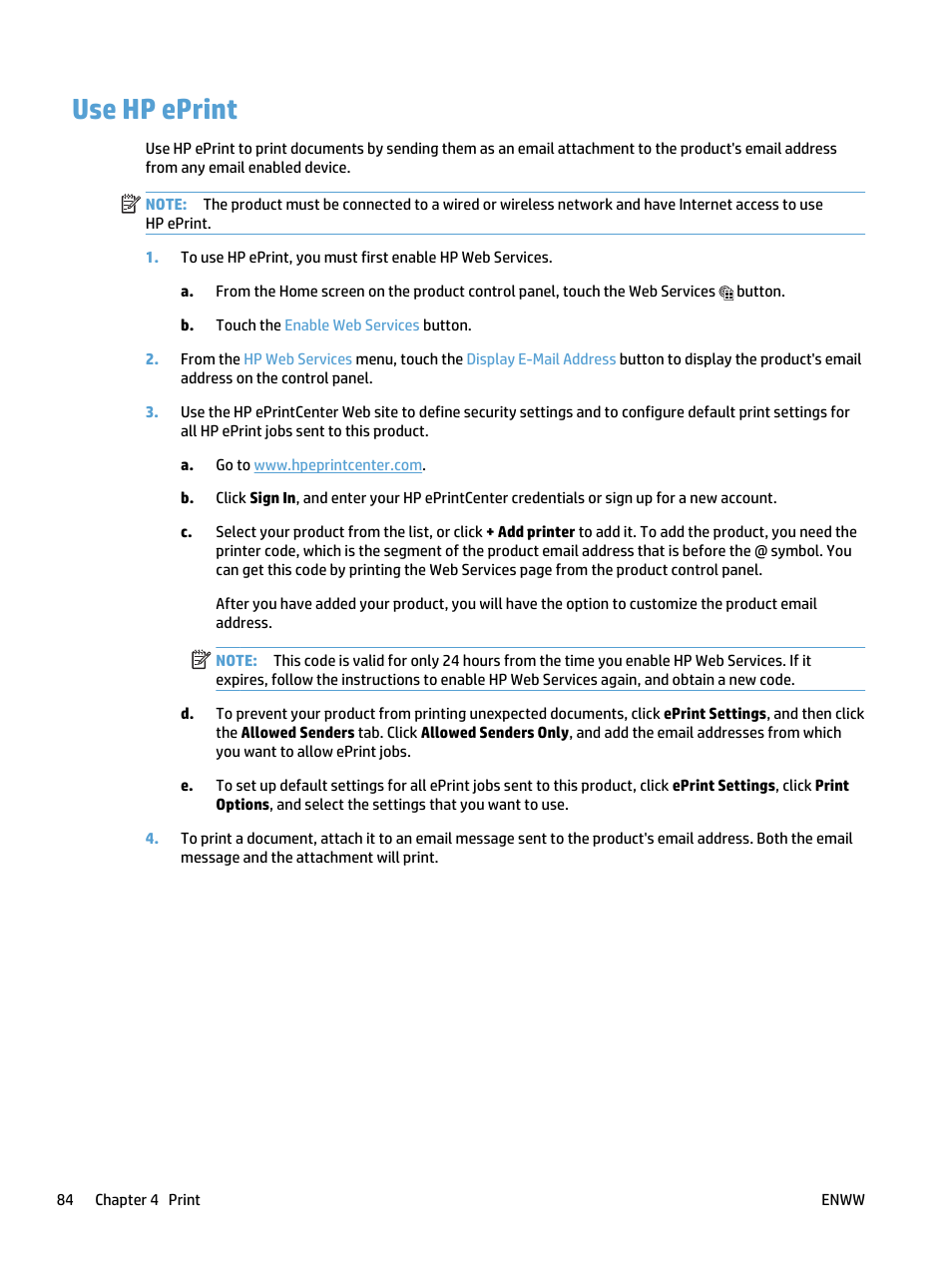 Use hp eprint | HP LaserJet Pro 500 Color MFP M570 User Manual | Page 98 / 252