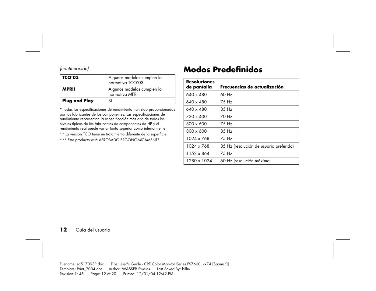 Modos predefinidos | HP mx705c 17 inch Bulk CRT Monitor User Manual | Page 60 / 66
