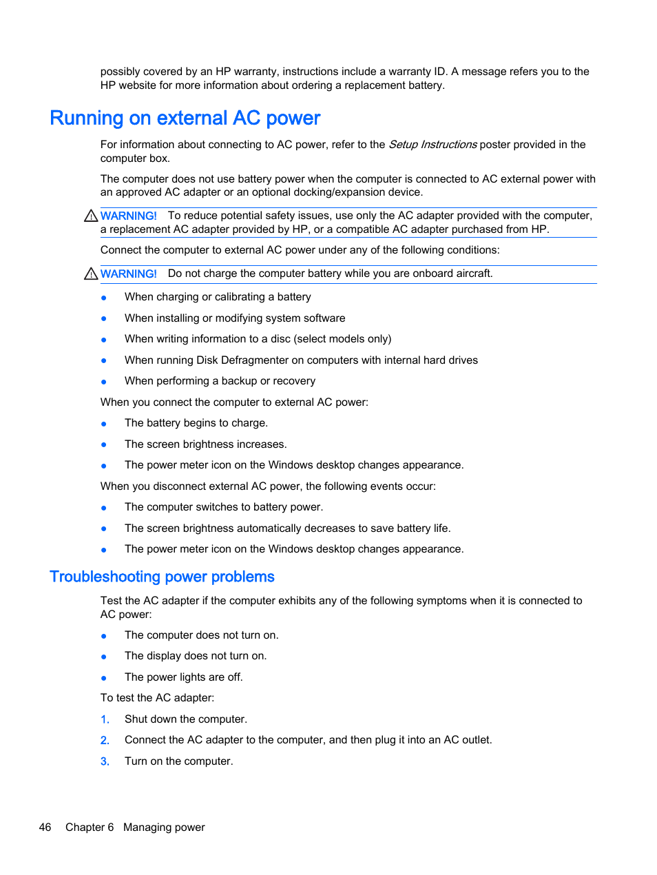 Running on external ac power, Troubleshooting power problems | HP Pavilion 15-p020ca Notebook PC User Manual | Page 58 / 83