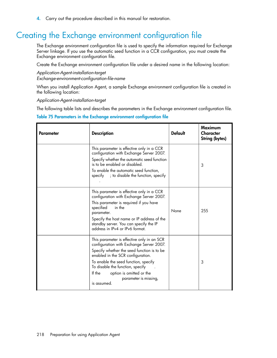 Creating the exchange envir, Onment configuration file | HP XP Array Manager Software User Manual | Page 218 / 564