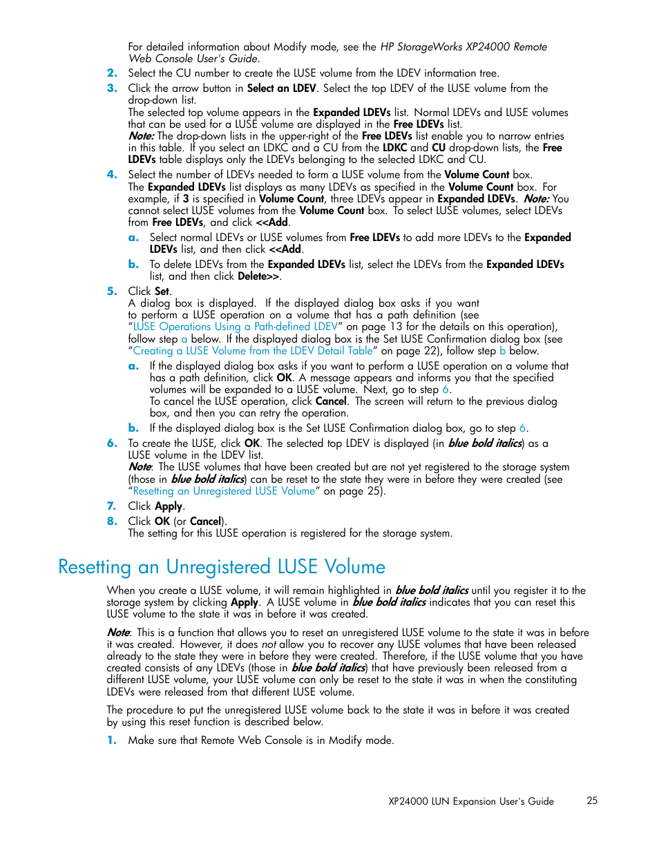 Resetting an unregistered luse volume | HP XP20000XP24000 Disk Array User Manual | Page 25 / 36
