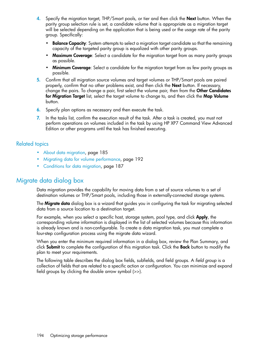 Migrate data dialog box | HP XP Array Manager Software User Manual | Page 194 / 282
