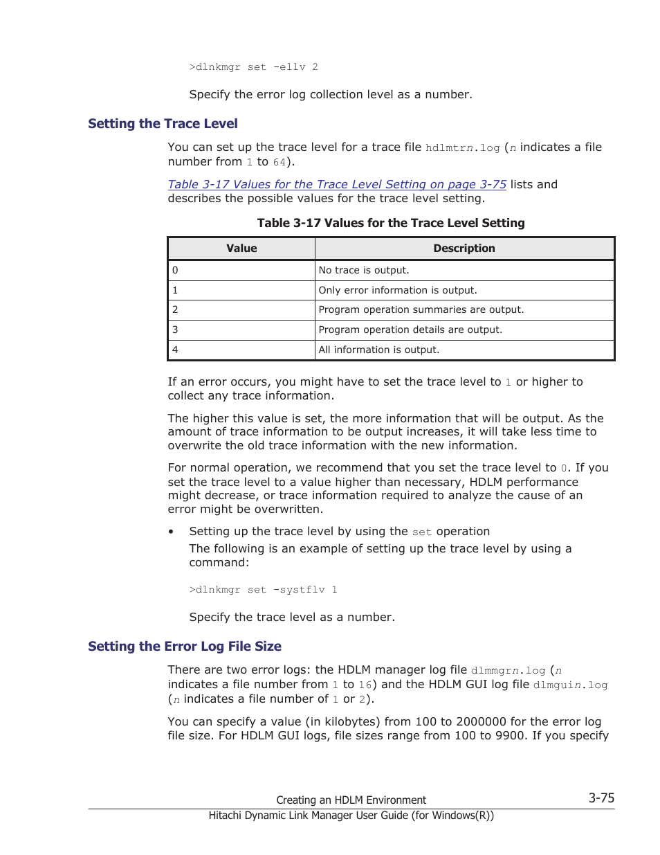 Setting the trace level -75, Setting the error log file size -75 | HP Hitachi Dynamic Link Manager Software User Manual | Page 141 / 422