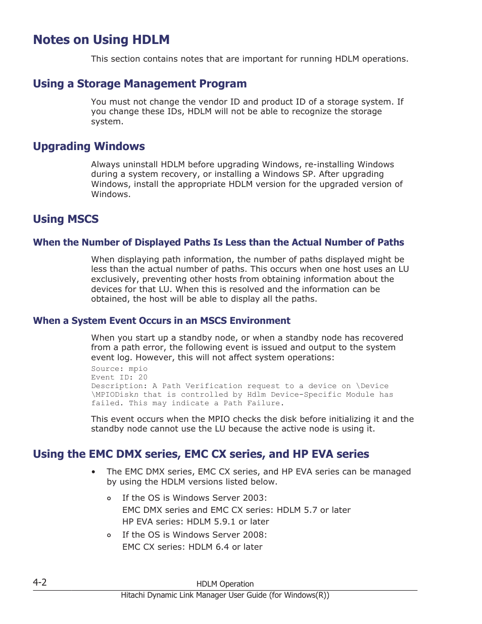 Notes on using hdlm, Using a storage management program, Upgrading windows | Using mscs, Notes on using hdlm -2, Using a storage management program -2, Upgrading windows -2, Using mscs -2 | HP Hitachi Dynamic Link Manager Software User Manual | Page 160 / 422