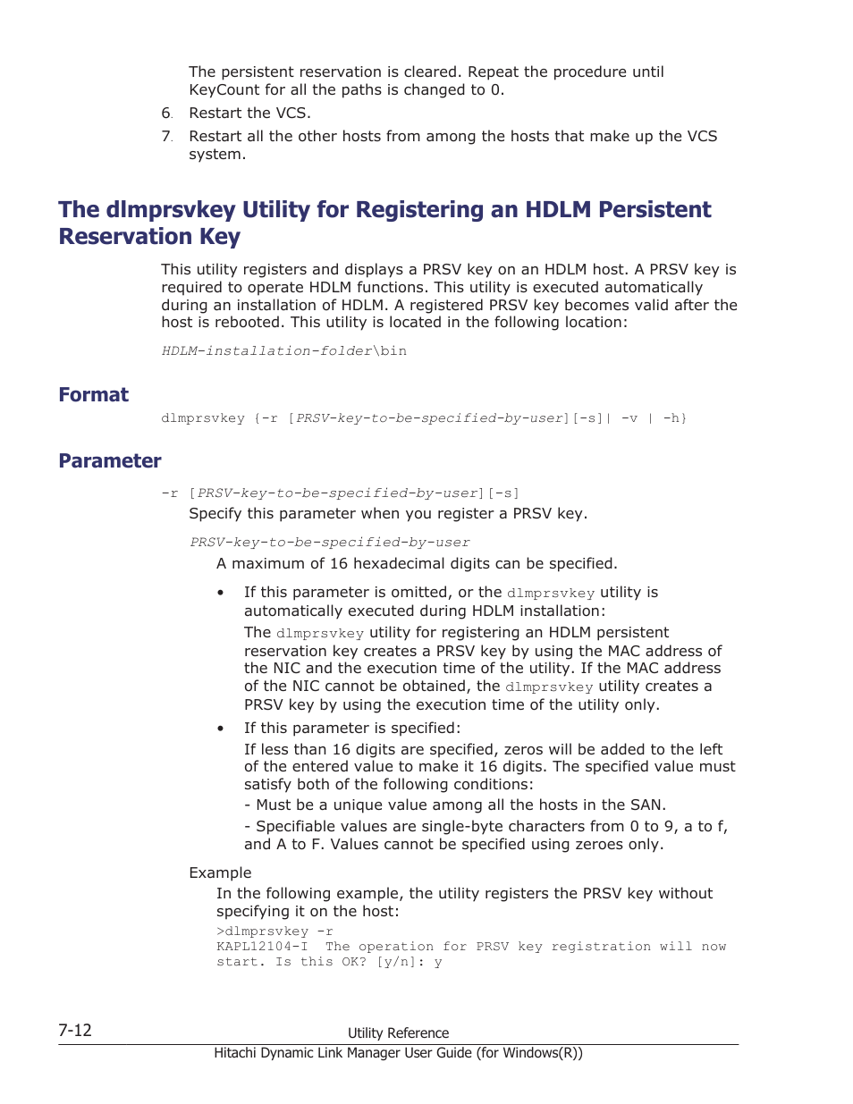 Format, Parameter, Format -12 | Parameter -12, Utility, see, The dlmprsvkey, The dlmprsvkey utility for registering an hdlm | HP Hitachi Dynamic Link Manager Software User Manual | Page 266 / 422