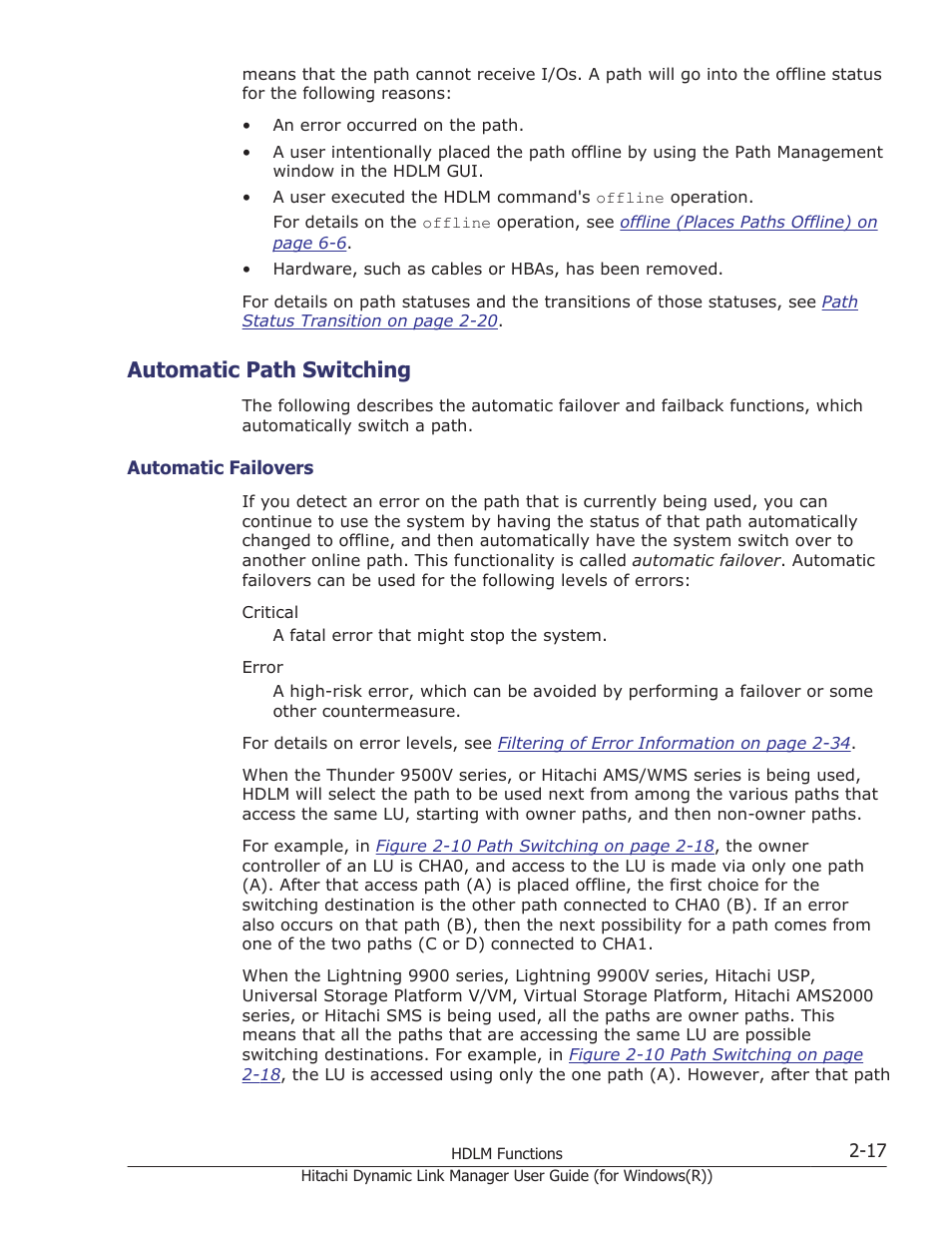 Automatic path switching, Automatic path switching -17, Automatic failovers -17 | HP Hitachi Dynamic Link Manager Software User Manual | Page 37 / 422