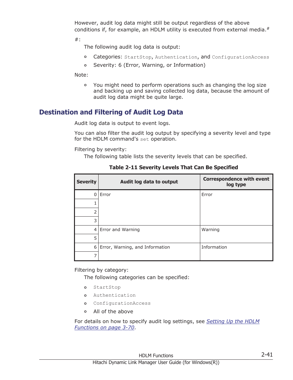 Destination and filtering of audit log data, Destination and filtering of audit log data -41 | HP Hitachi Dynamic Link Manager Software User Manual | Page 61 / 422