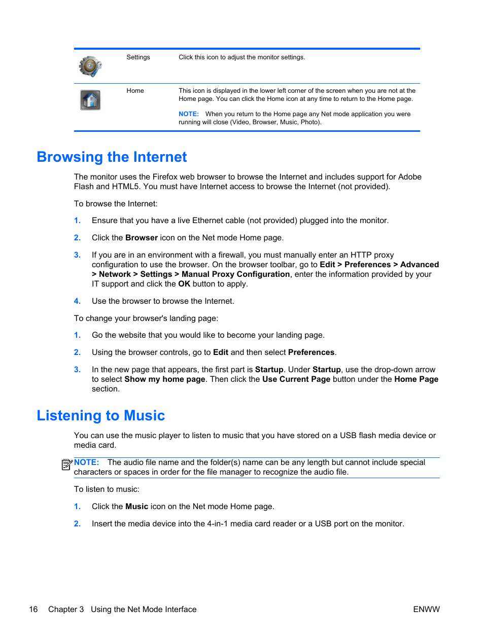 Browsing the internet, Listening to music, Browsing the internet listening to music | HP Passport 1912nm 18.5-inch Internet Monitor User Manual | Page 22 / 33
