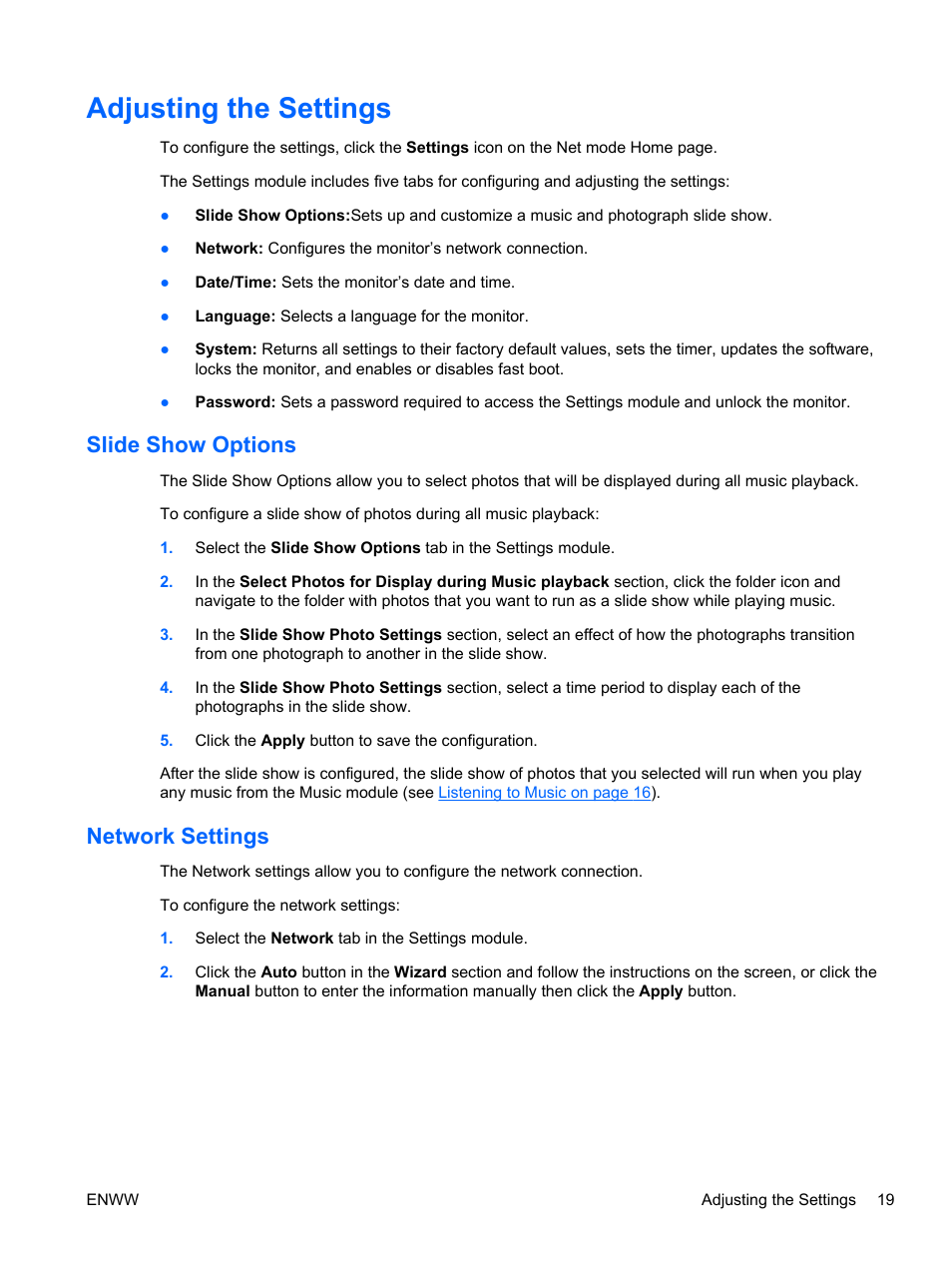 Adjusting the settings, Slide show options, Network settings | Slide show options network settings, Then select the | HP Passport 1912nm 18.5-inch Internet Monitor User Manual | Page 25 / 33