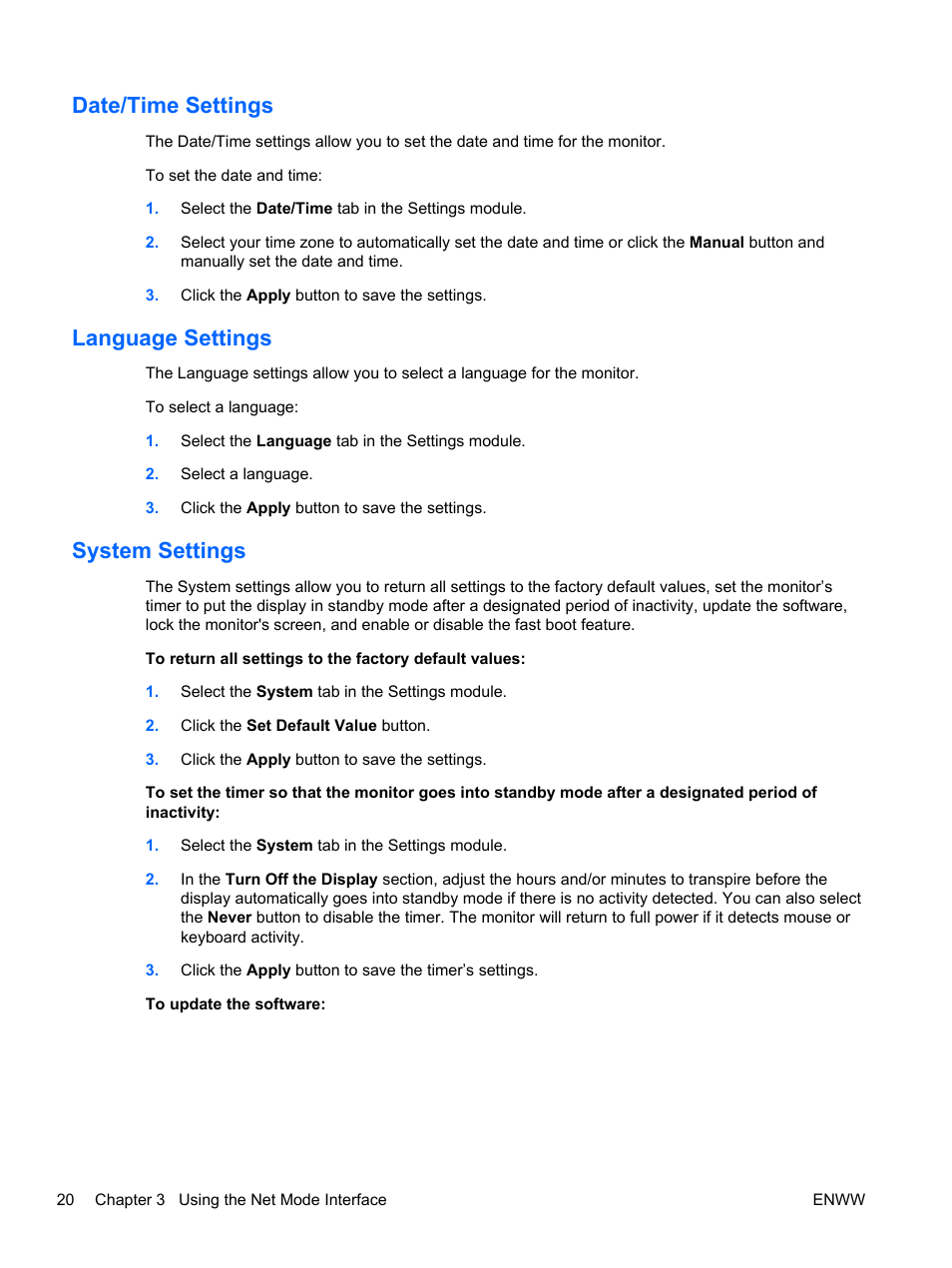 Date/time settings, Language settings, System settings | HP Passport 1912nm 18.5-inch Internet Monitor User Manual | Page 26 / 33