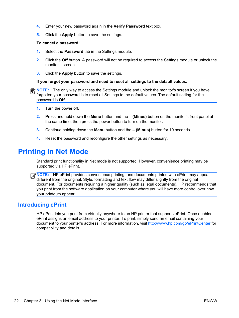 Printing in net mode, Introducing eprint | HP Passport 1912nm 18.5-inch Internet Monitor User Manual | Page 28 / 33
