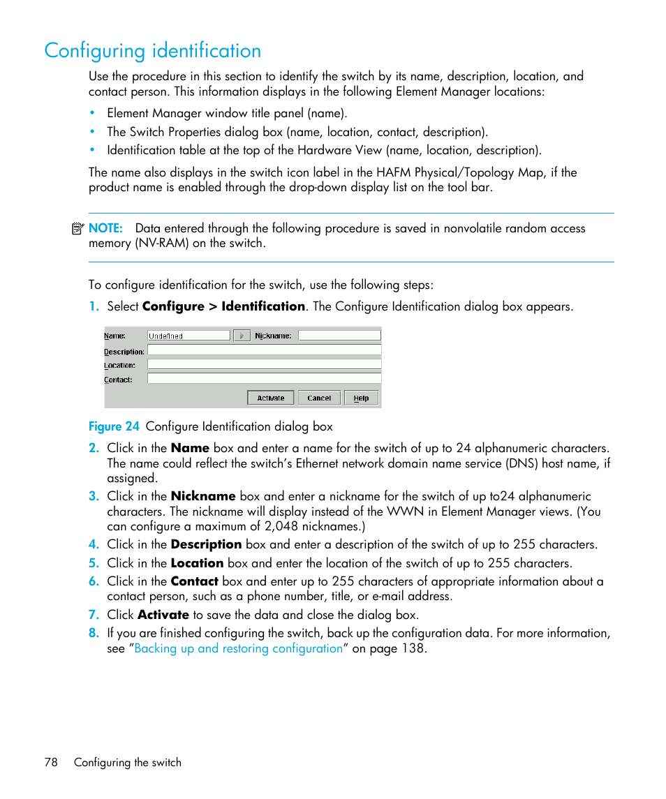 Configuring identification, Figure 24 configure identification dialog box, 24 configure identification dialog box | HP StorageWorks 2.32 Edge Switch User Manual | Page 78 / 202