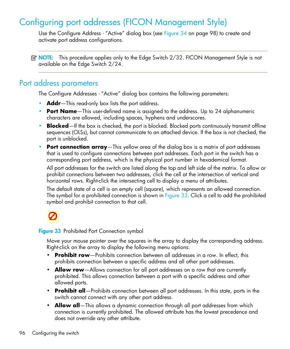 Port address parameters, Figure 33 prohibited port connection symbol, 33 prohibited port connection symbol | HP StorageWorks 2.32 Edge Switch User Manual | Page 96 / 202
