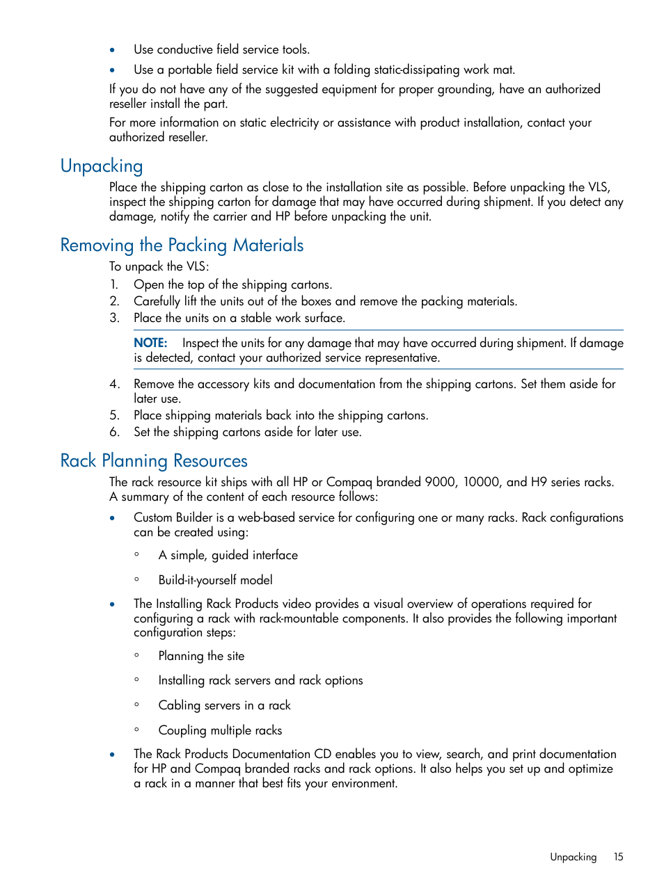 Unpacking, Removing the packing materials, Rack planning resources | HP 9000 Virtual Library System User Manual | Page 15 / 268
