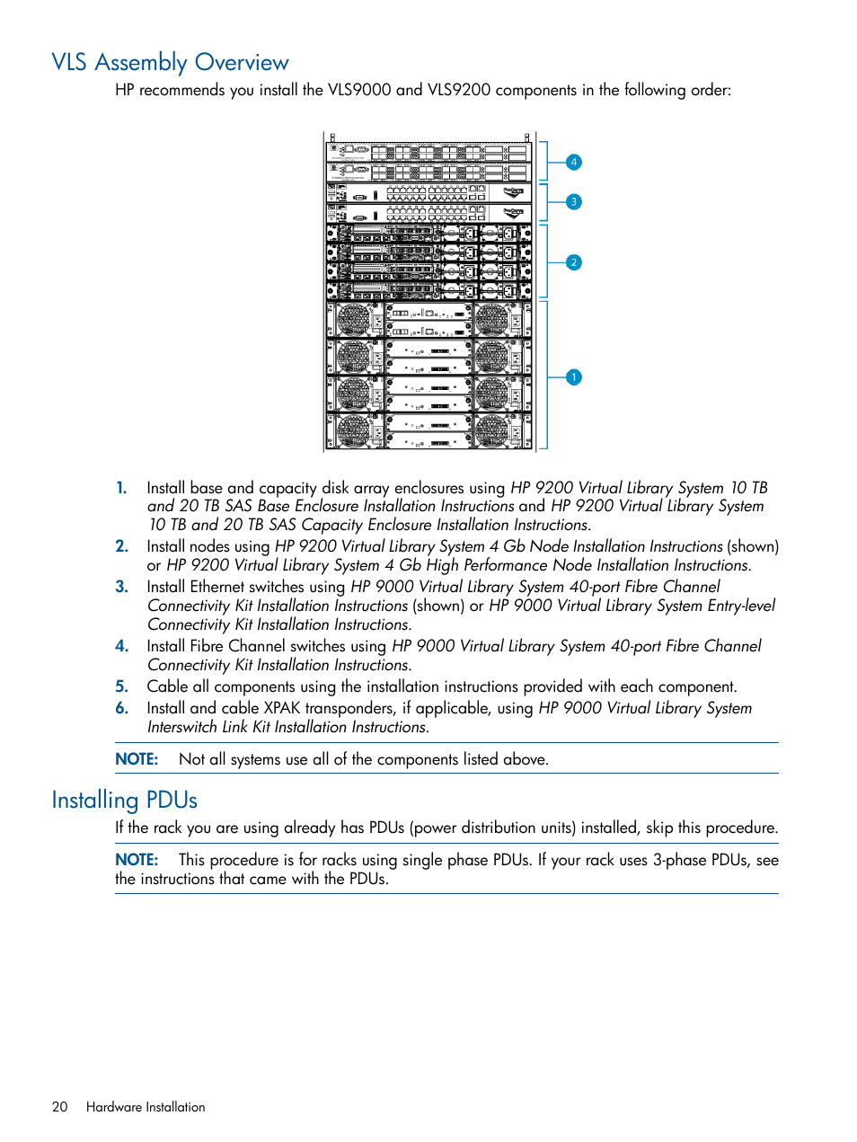 Vls assembly overview, Installing pdus, Vls assembly overview installing pdus | HP 9000 Virtual Library System User Manual | Page 20 / 268