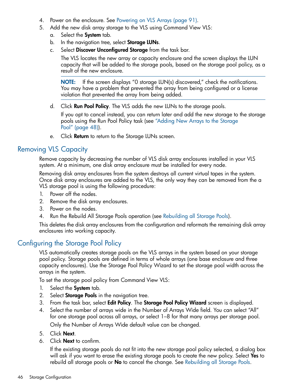 Removing vls capacity, Configuring the storage pool policy | HP 9000 Virtual Library System User Manual | Page 46 / 268