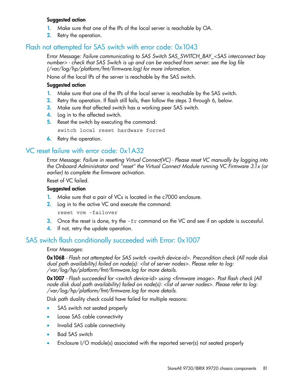 Vc reset failure with error code: 0x1a32 | HP StoreAll Storage User Manual | Page 81 / 93