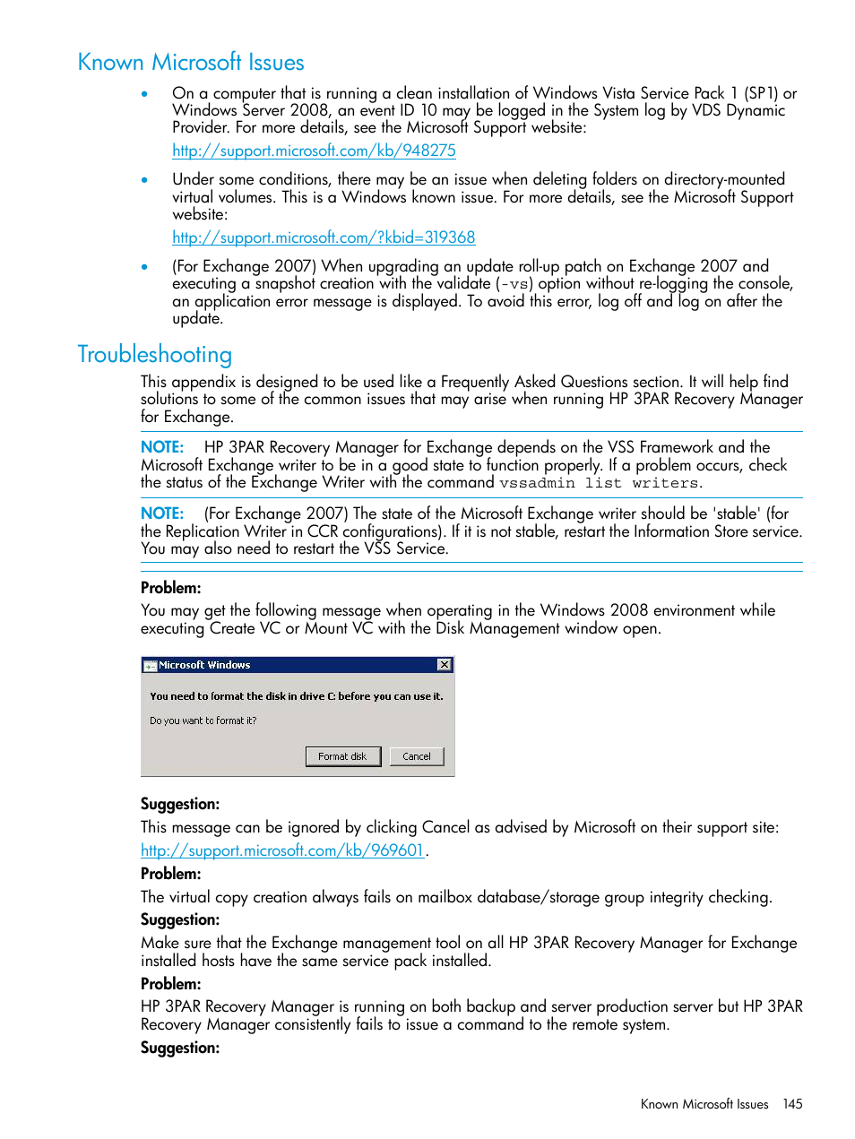 Known microsoft issues, Troubleshooting, Known microsoft issues troubleshooting | HP 3PAR Recovery Manager Software User Manual | Page 145 / 176