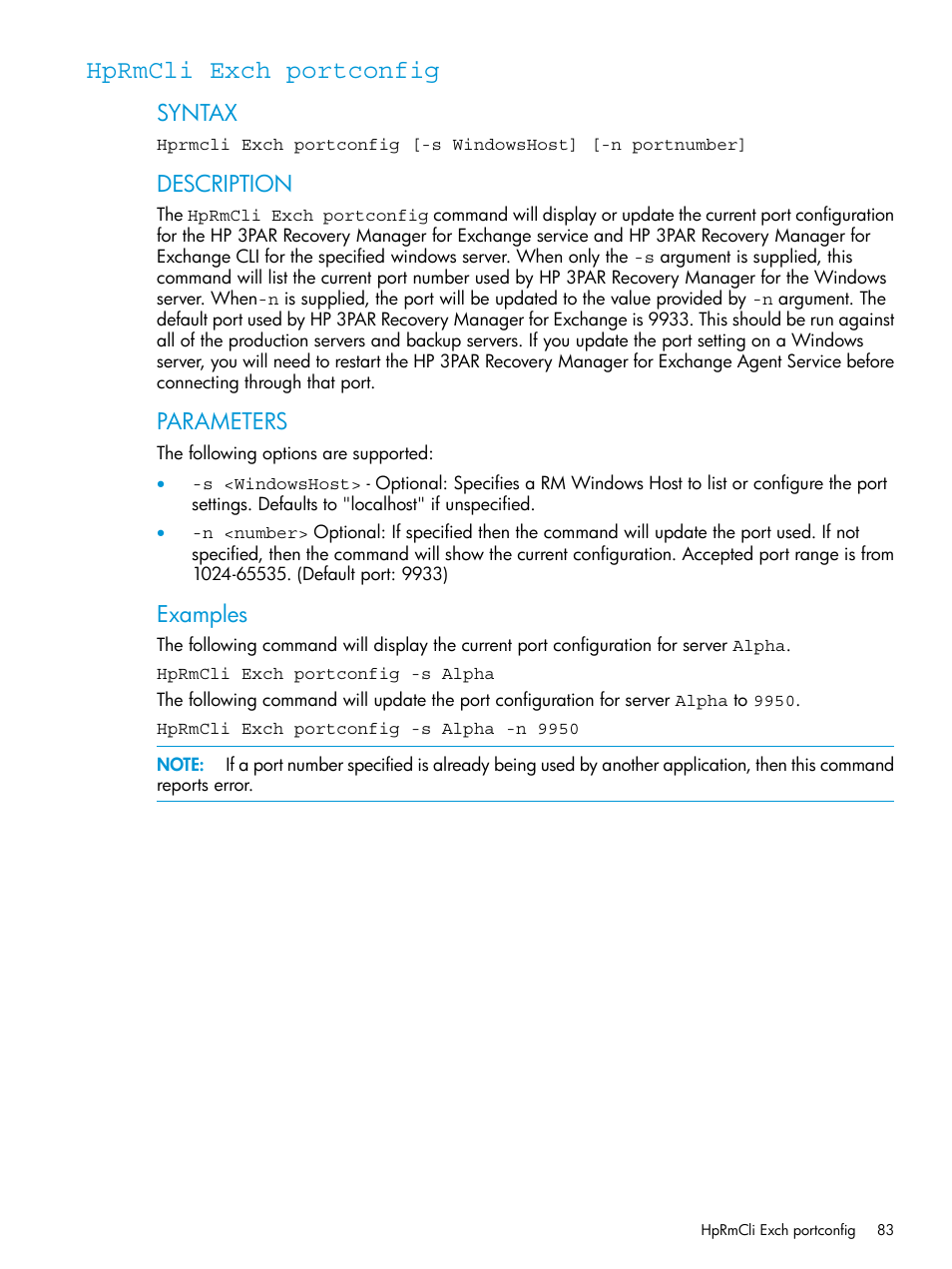 Hprmcli exch portconfig, Syntax, Description | Parameters, Examples | HP 3PAR Recovery Manager Software User Manual | Page 83 / 176