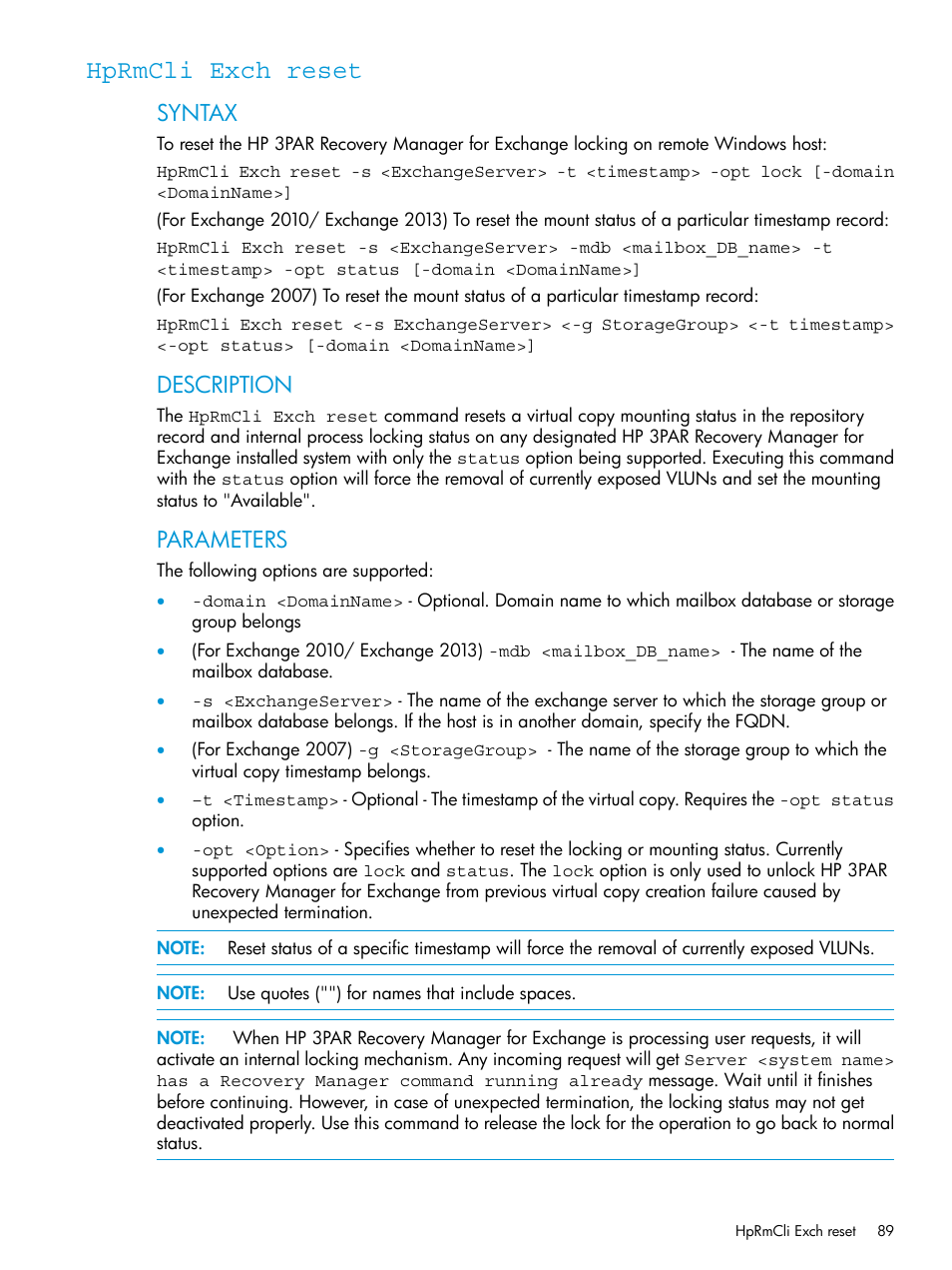 Hprmcli exch reset, Syntax, Description | Parameters | HP 3PAR Recovery Manager Software User Manual | Page 89 / 176