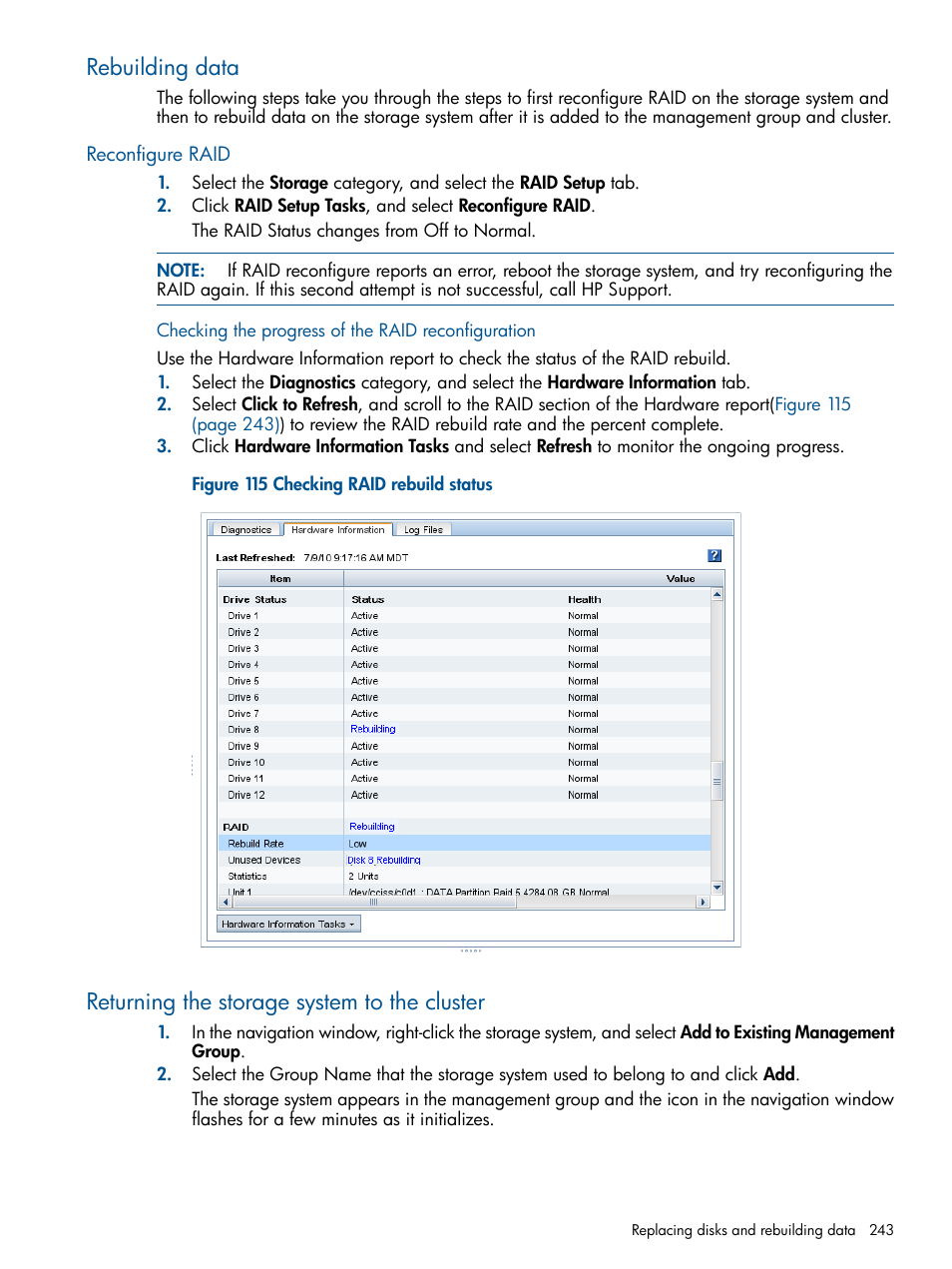 Rebuilding data, Reconfigure raid, Returning the storage system to the cluster | HP LeftHand P4000 Virtual SAN Appliance Software User Manual | Page 243 / 275