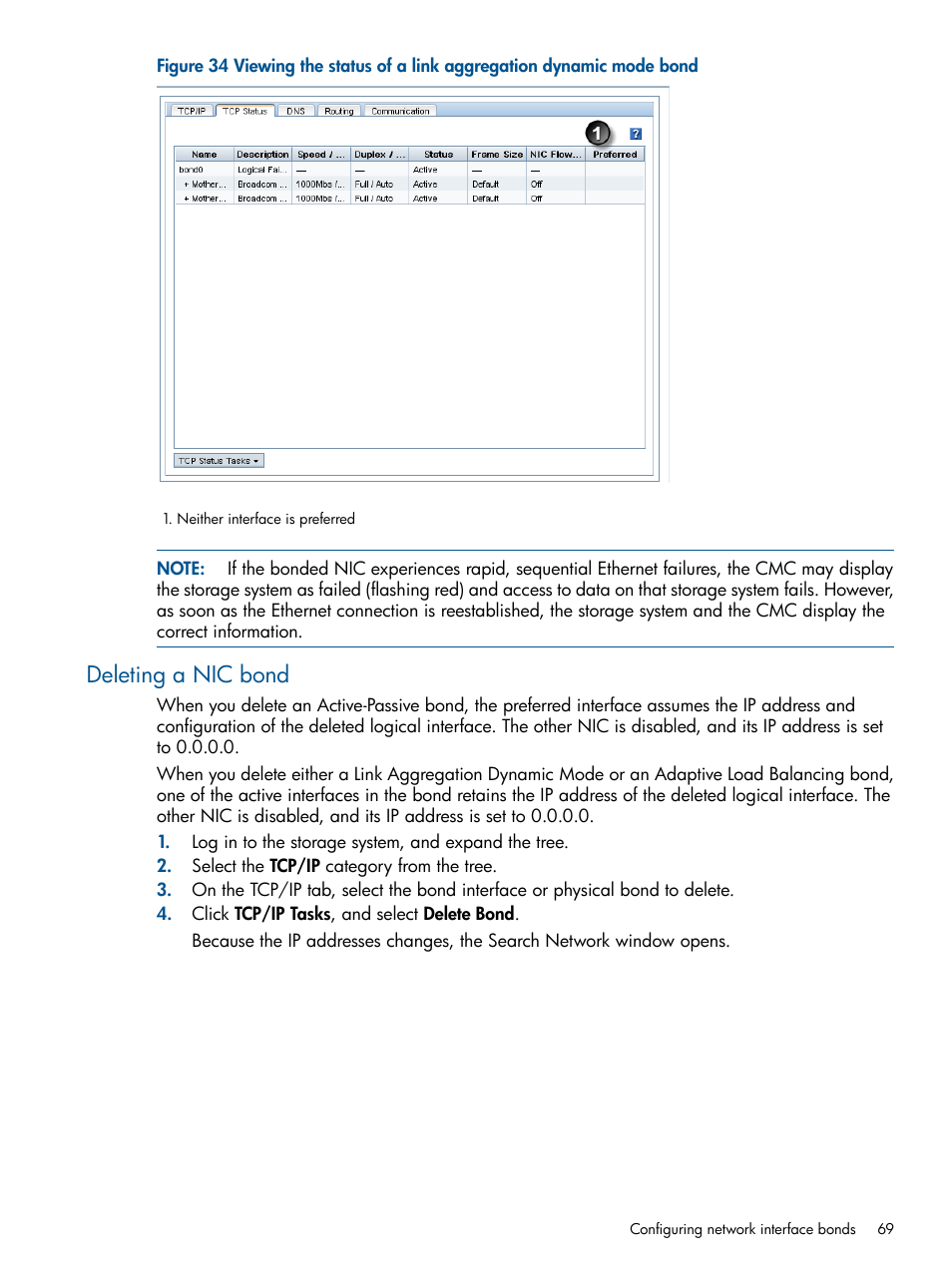 Deleting a nic bond | HP LeftHand P4000 Virtual SAN Appliance Software User Manual | Page 69 / 275