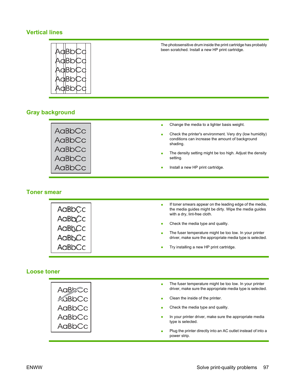 Vertical lines, Gray background, Toner smear | Loose toner | HP LaserJet P2035 User Manual | Page 107 / 148