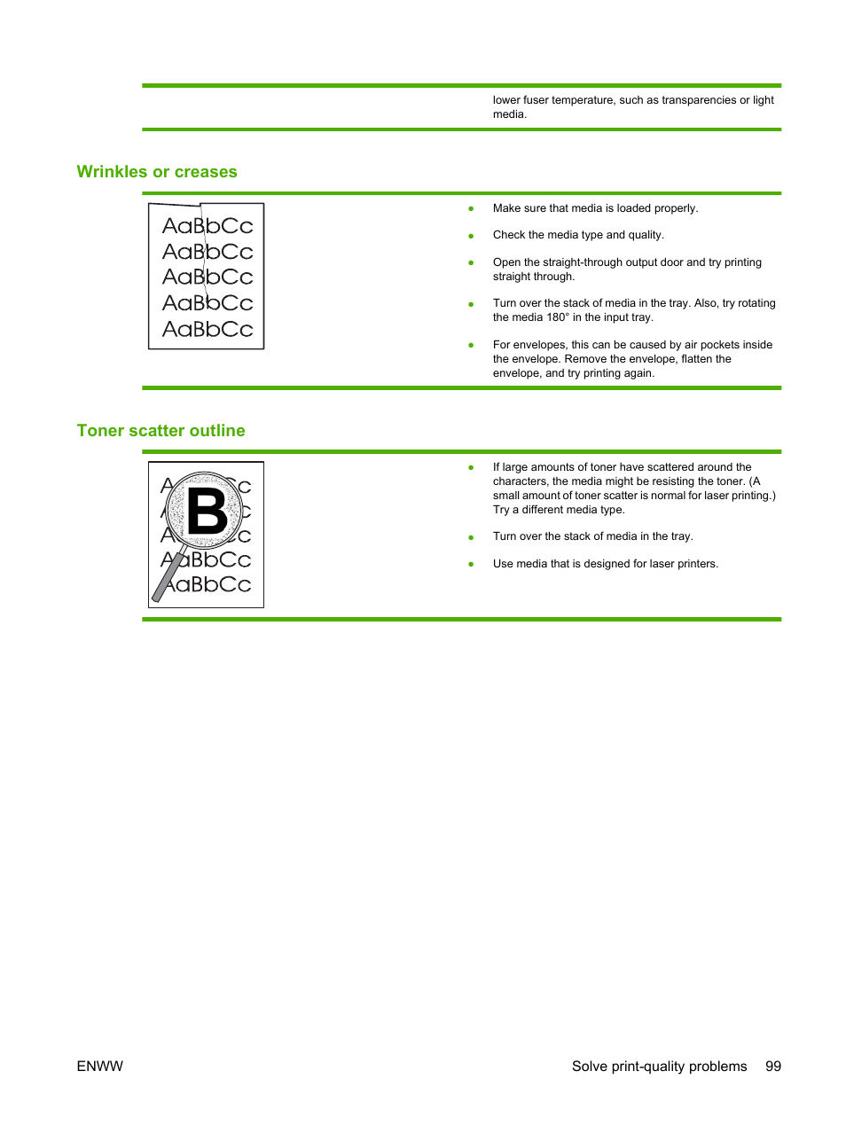 Wrinkles or creases, Toner scatter outline, Wrinkles or creases toner scatter outline | HP LaserJet P2035 User Manual | Page 109 / 148