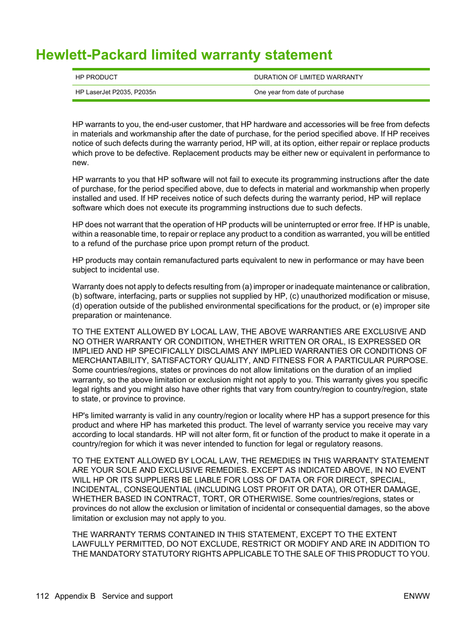 Hewlett-packard limited warranty statement | HP LaserJet P2035 User Manual | Page 122 / 148